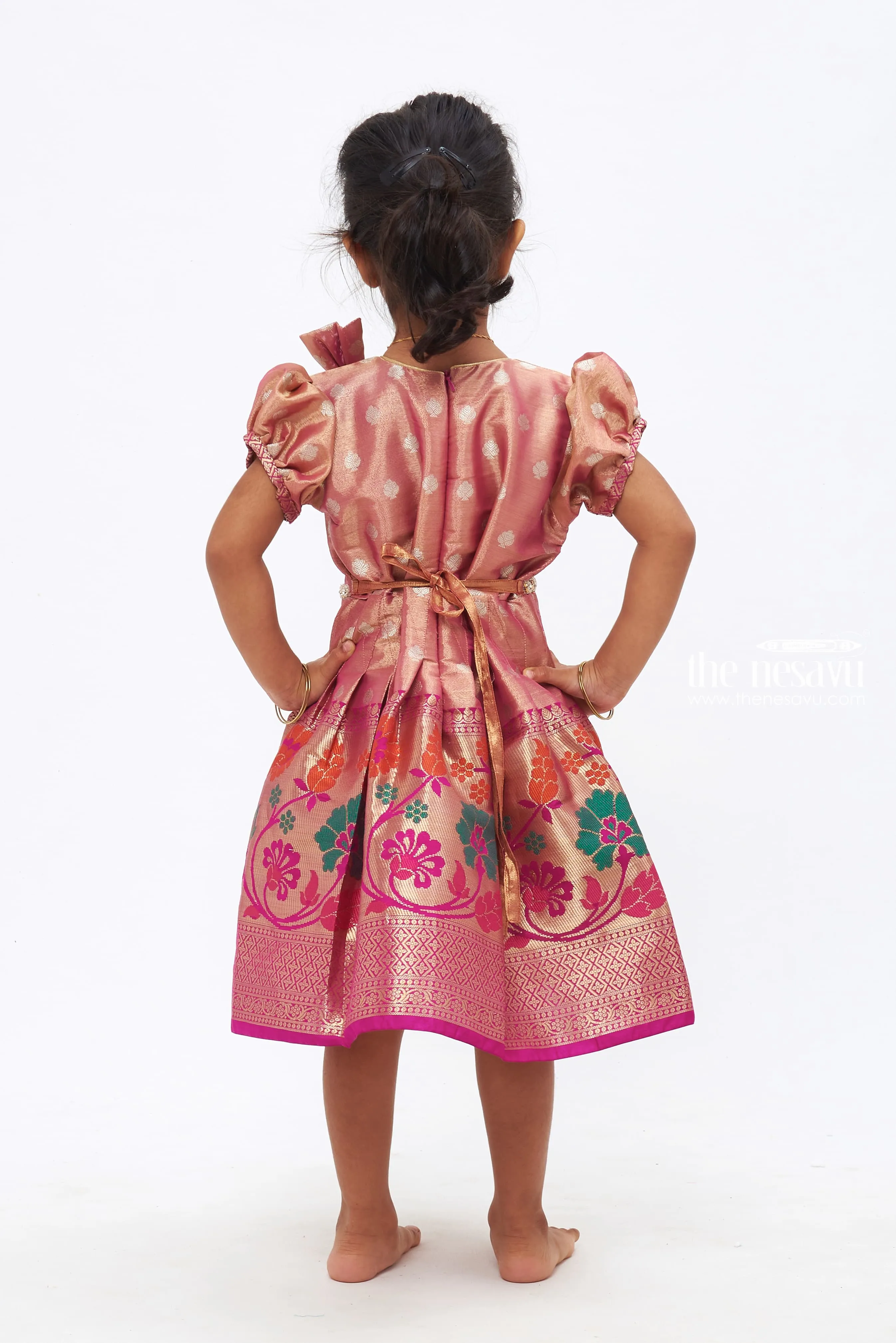 Blushing Blooms: Vibrant Floral Zari Embroidered Pink Silk Frock for Girls