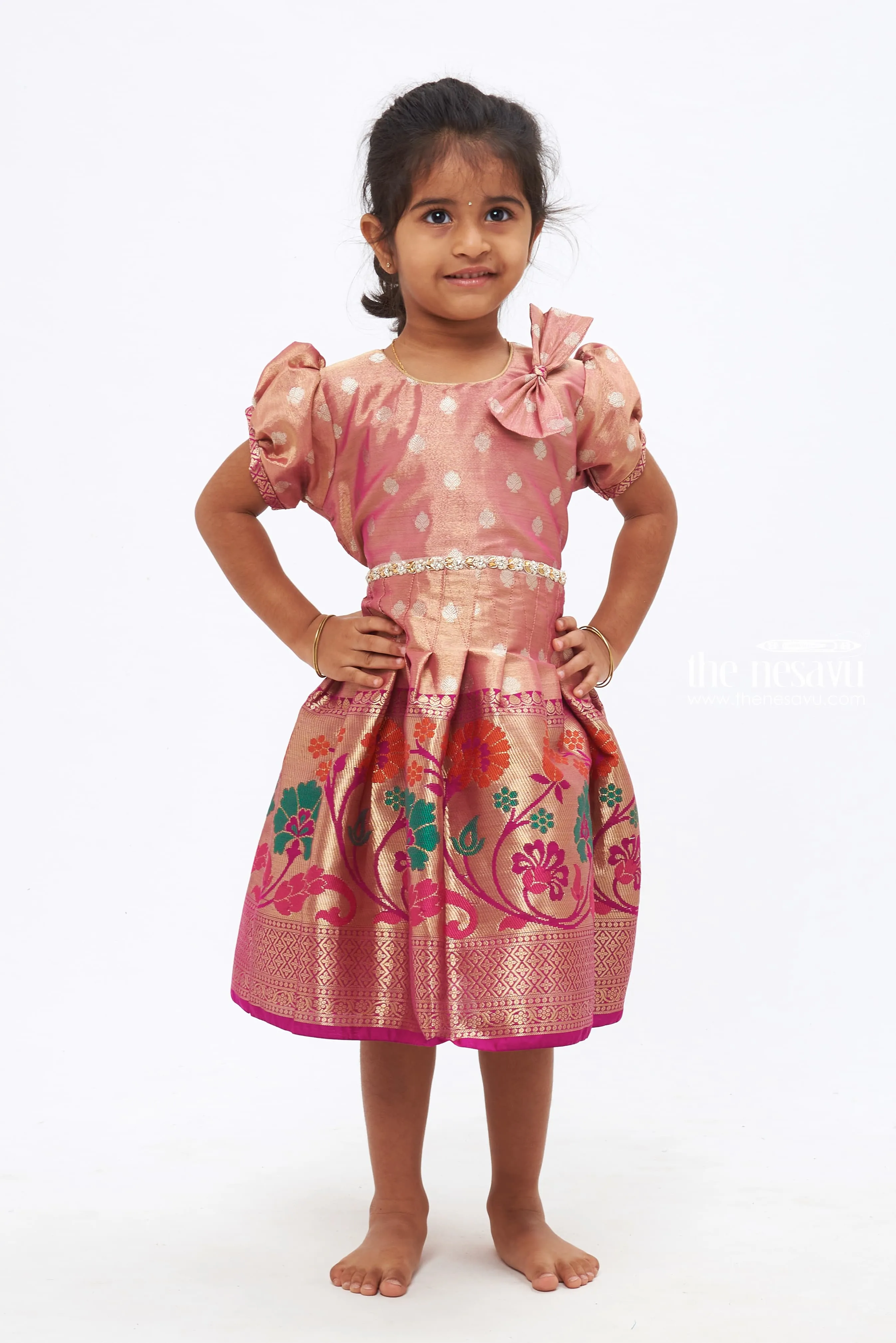 Blushing Blooms: Vibrant Floral Zari Embroidered Pink Silk Frock for Girls