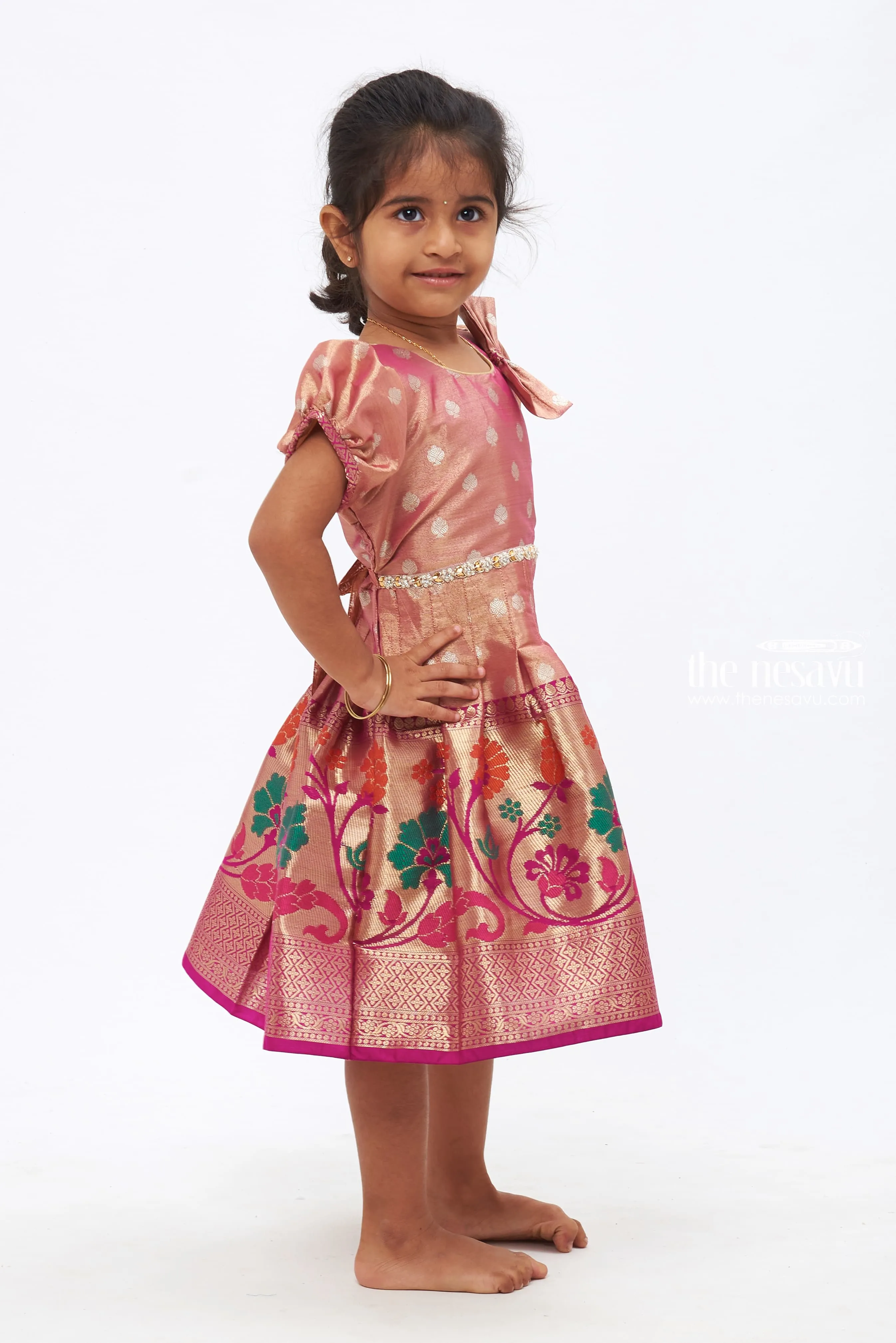 Blushing Blooms: Vibrant Floral Zari Embroidered Pink Silk Frock for Girls