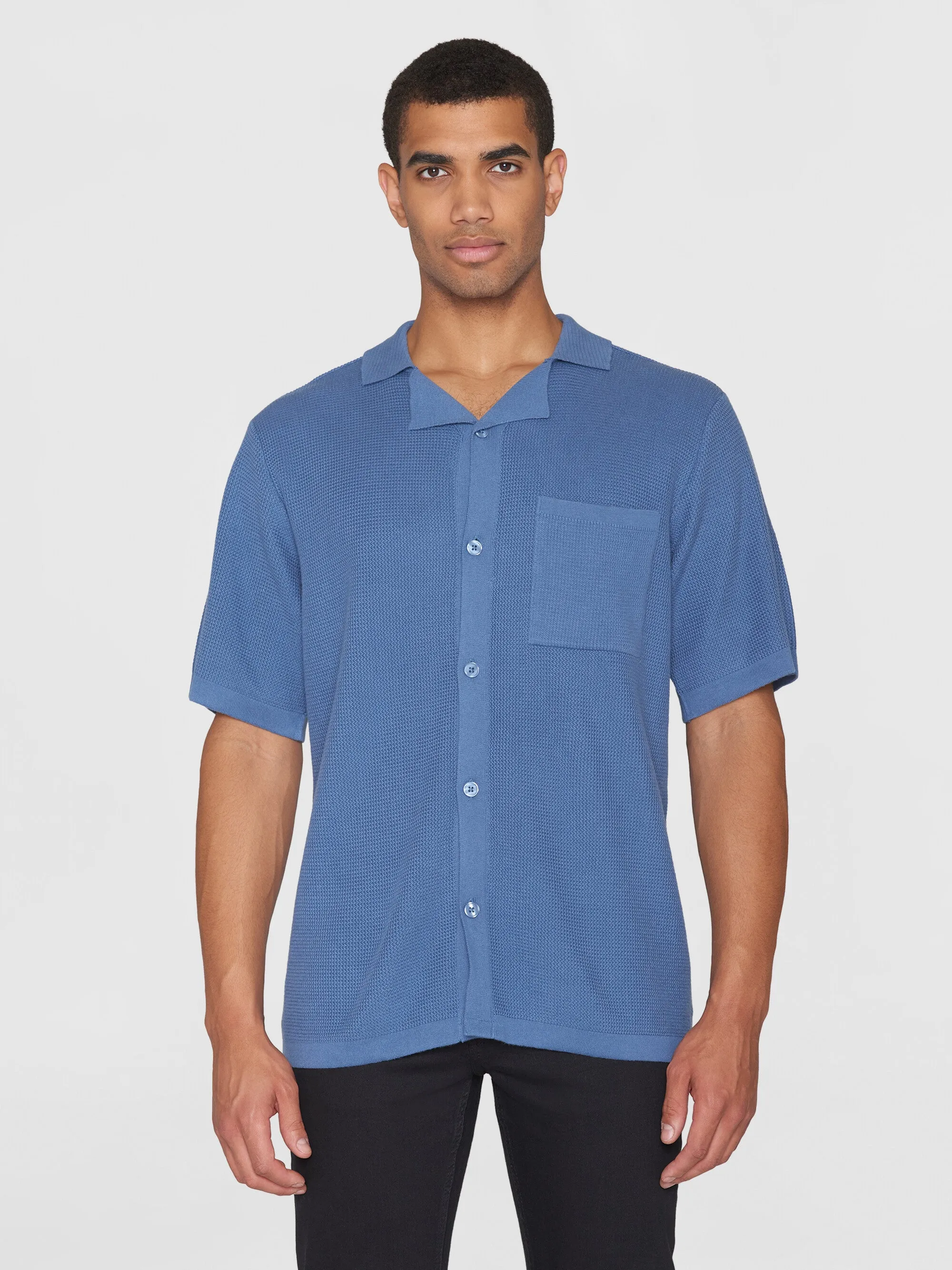 Boxy short sleeve structured knitted shirt - Regenerative Organic Certified™ - GOTS/Vegan - Moonlight Blue