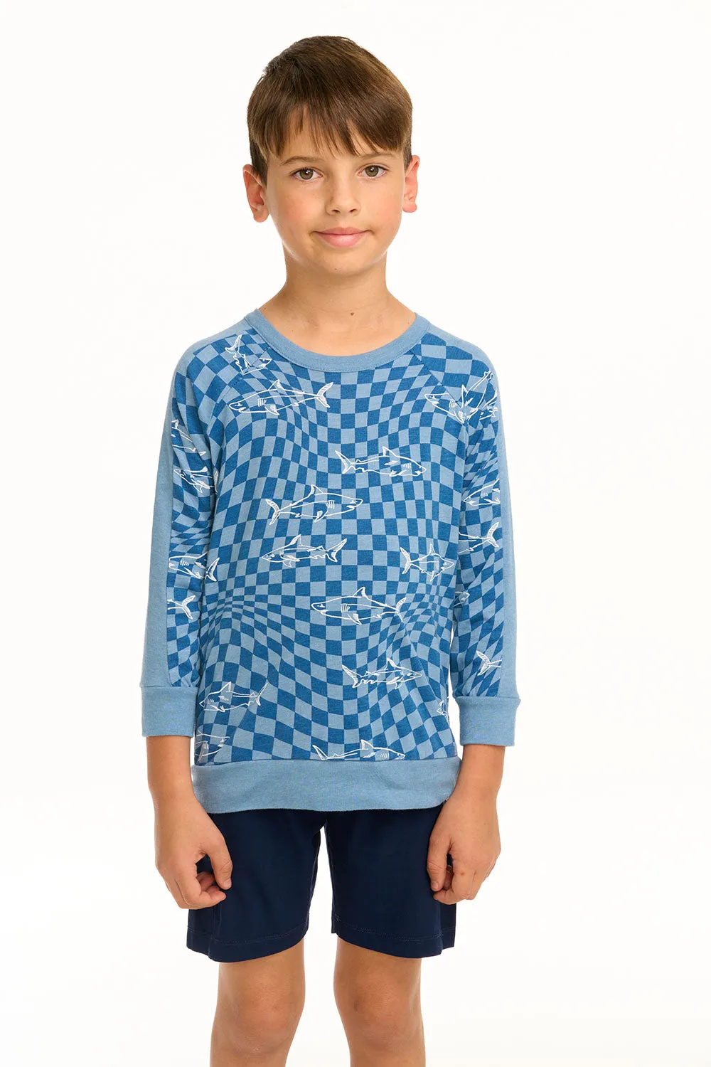 Boy's Checkered Shark Raglan Pullover