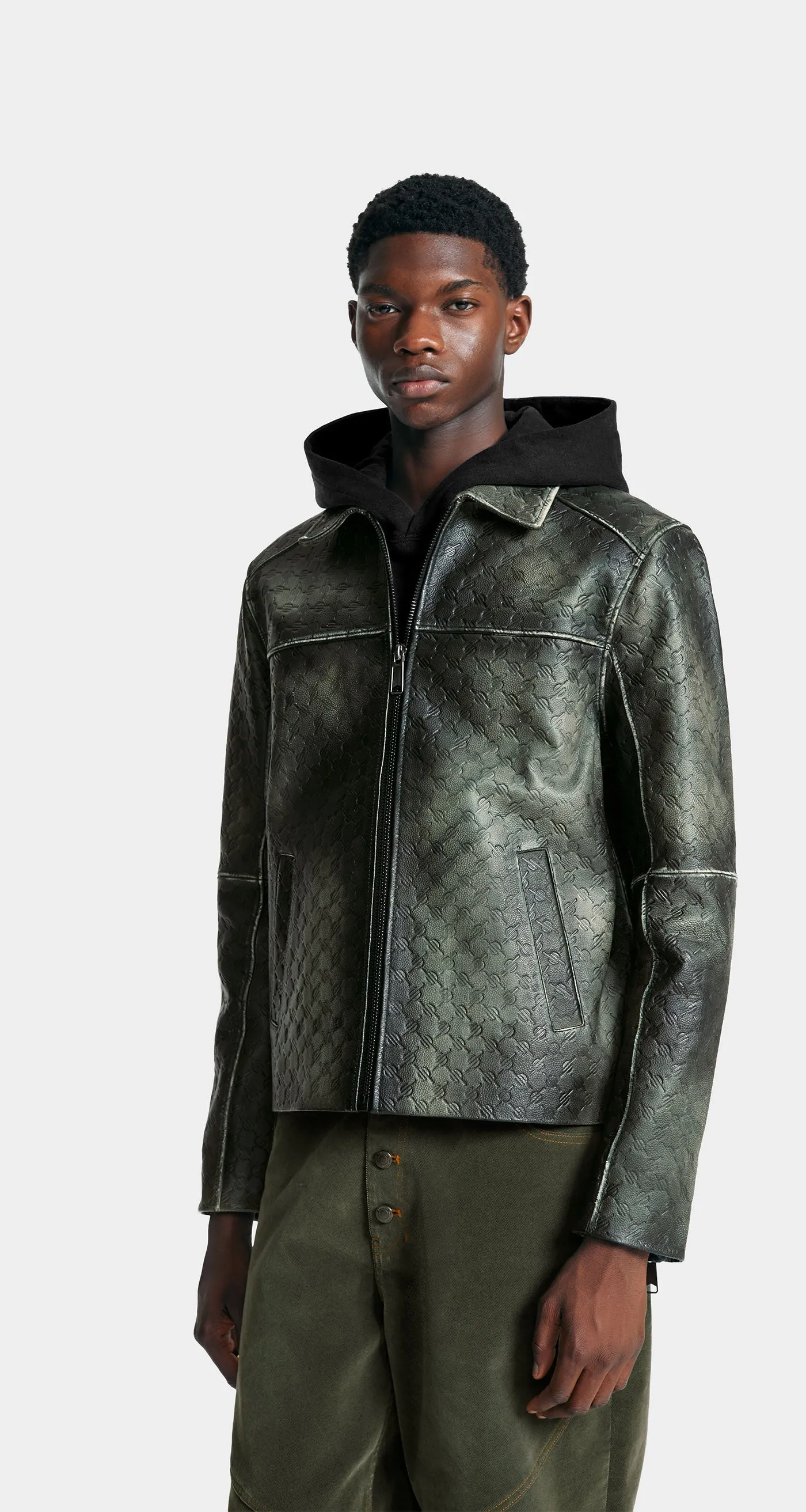 Cardamon Green Silence Monogram Leather Jacket