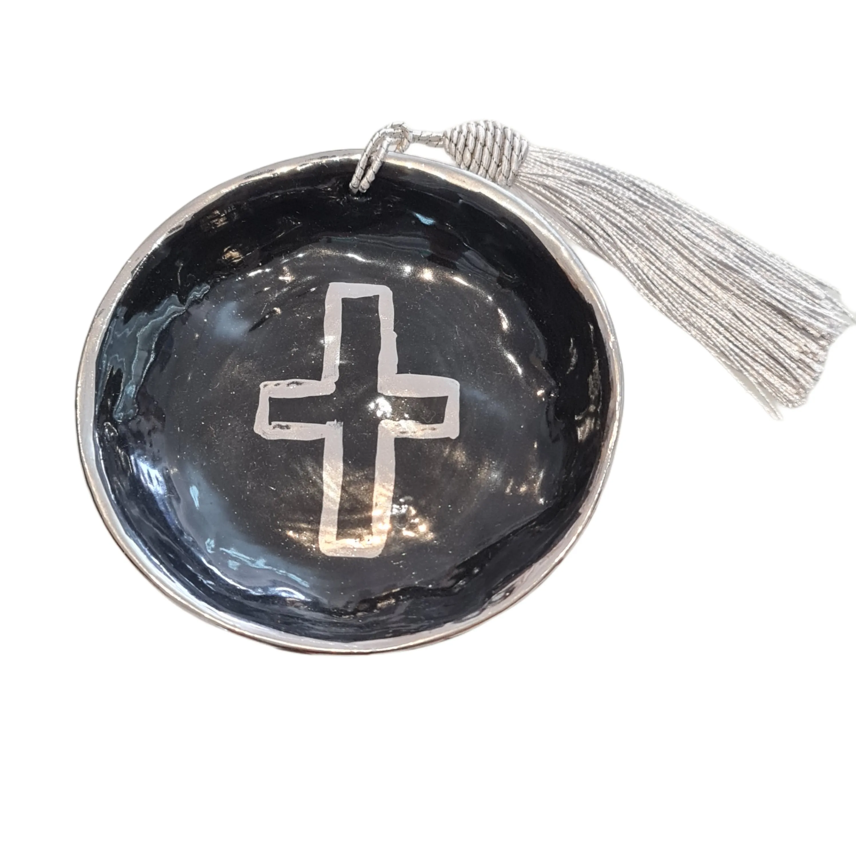 Ceramic trinket dish platinum silver cross Black