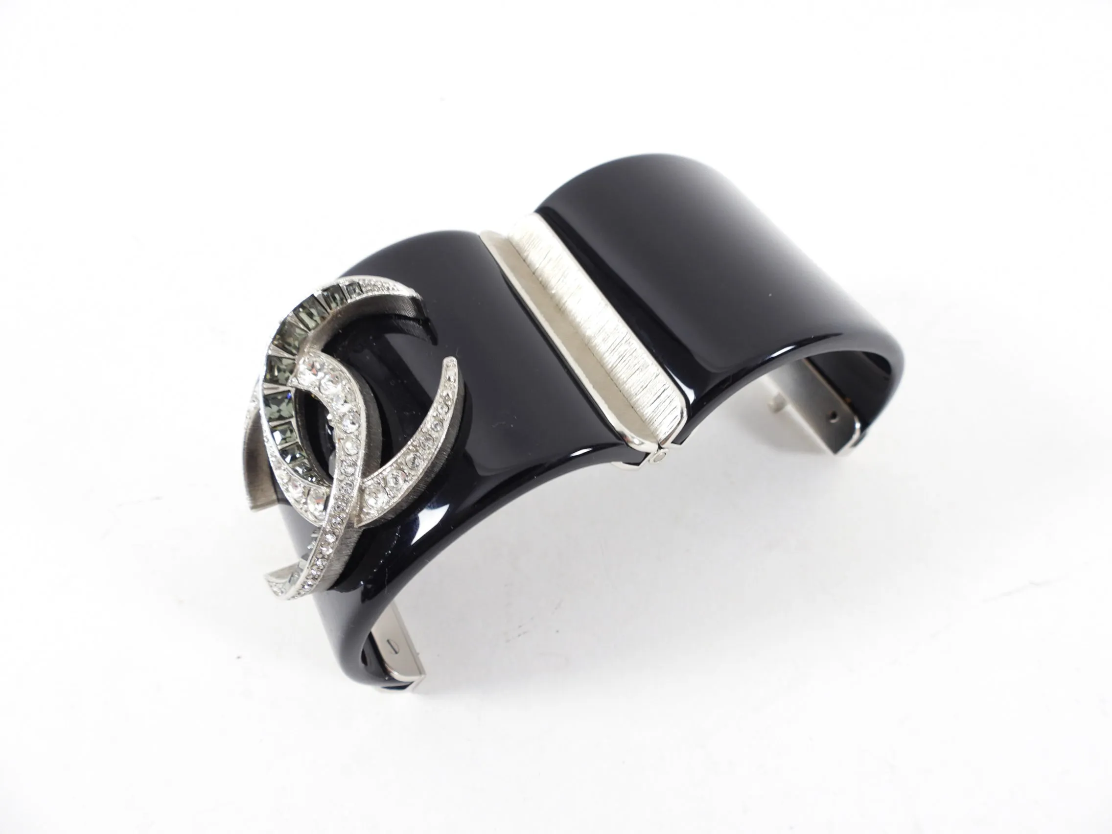 Chanel 15B  Black Resin Hinged Cuff with Silvertone Strass CC logo