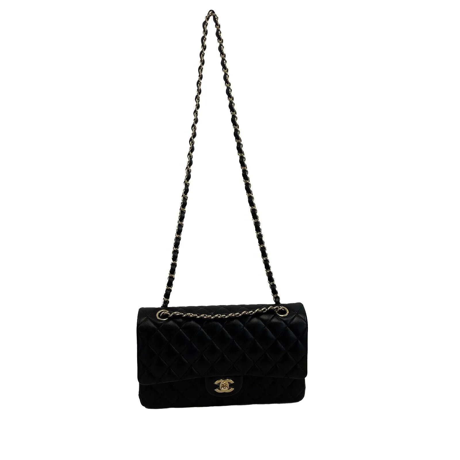 Chanel - NEW - 20S CC Black / Gold Lambskin Double Flap Medium Shoulder Bag