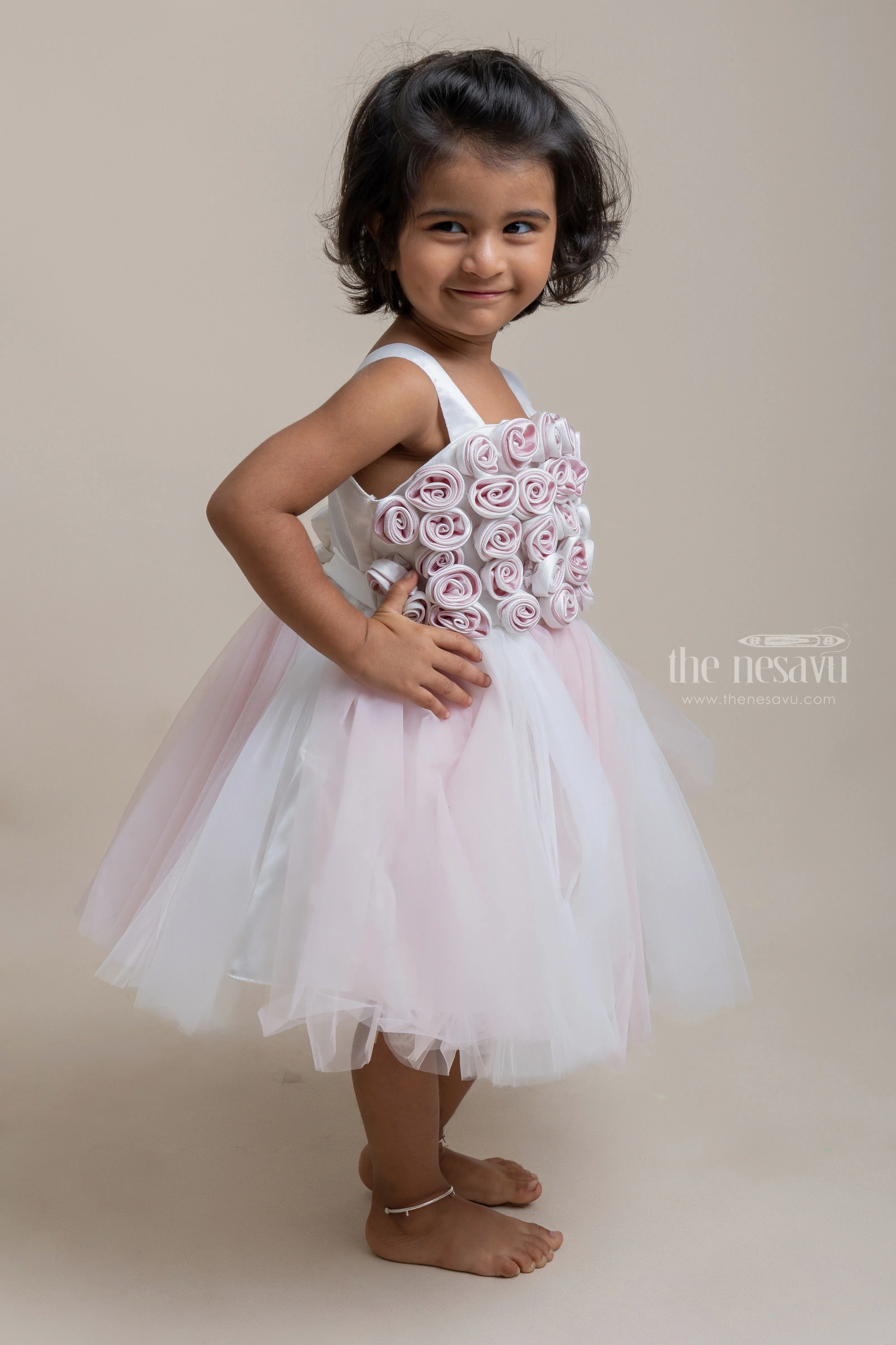 Charming Onion Pink and White Satin Flower Crafted Soft Tulle Frock for Girls