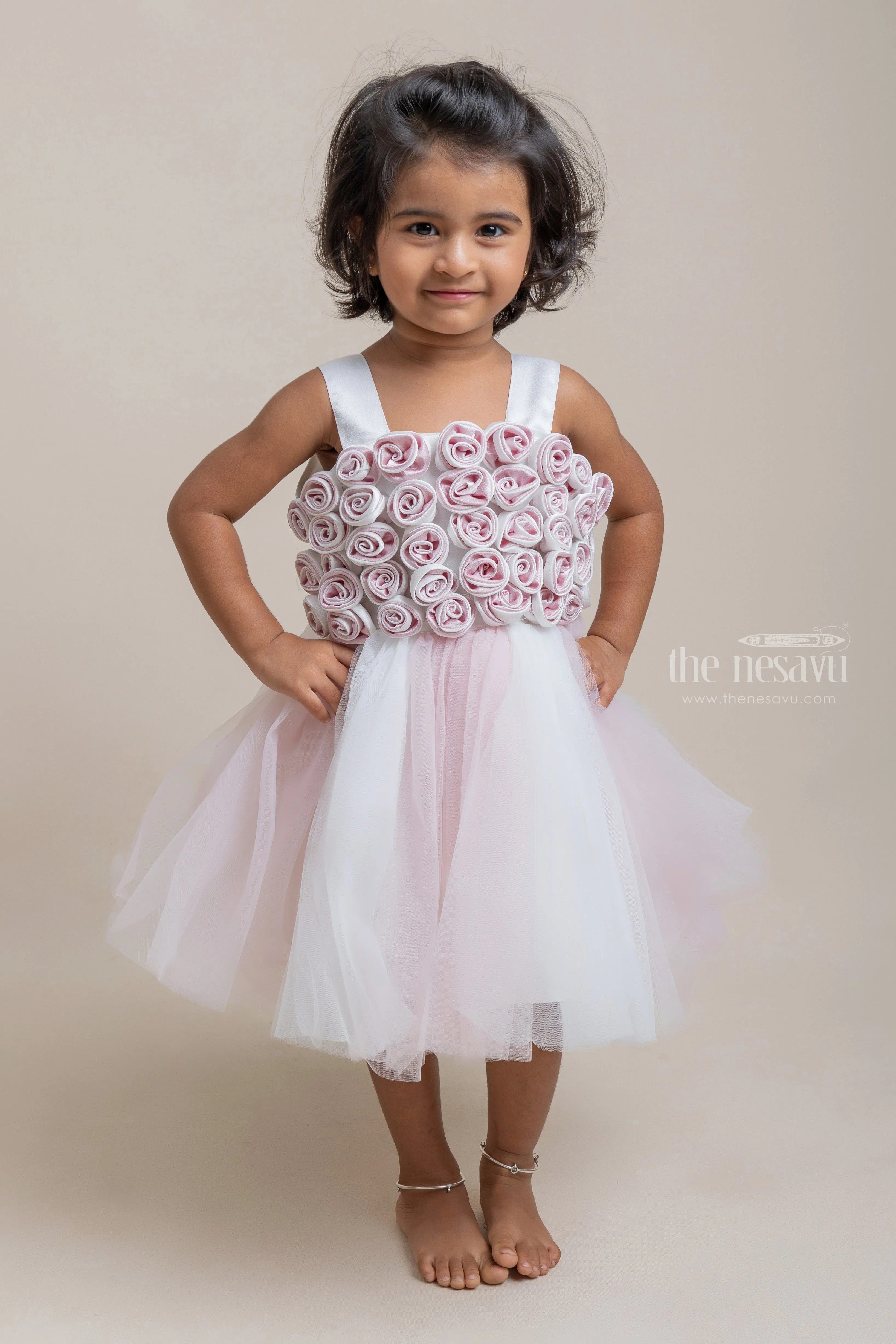 Charming Onion Pink and White Satin Flower Crafted Soft Tulle Frock for Girls