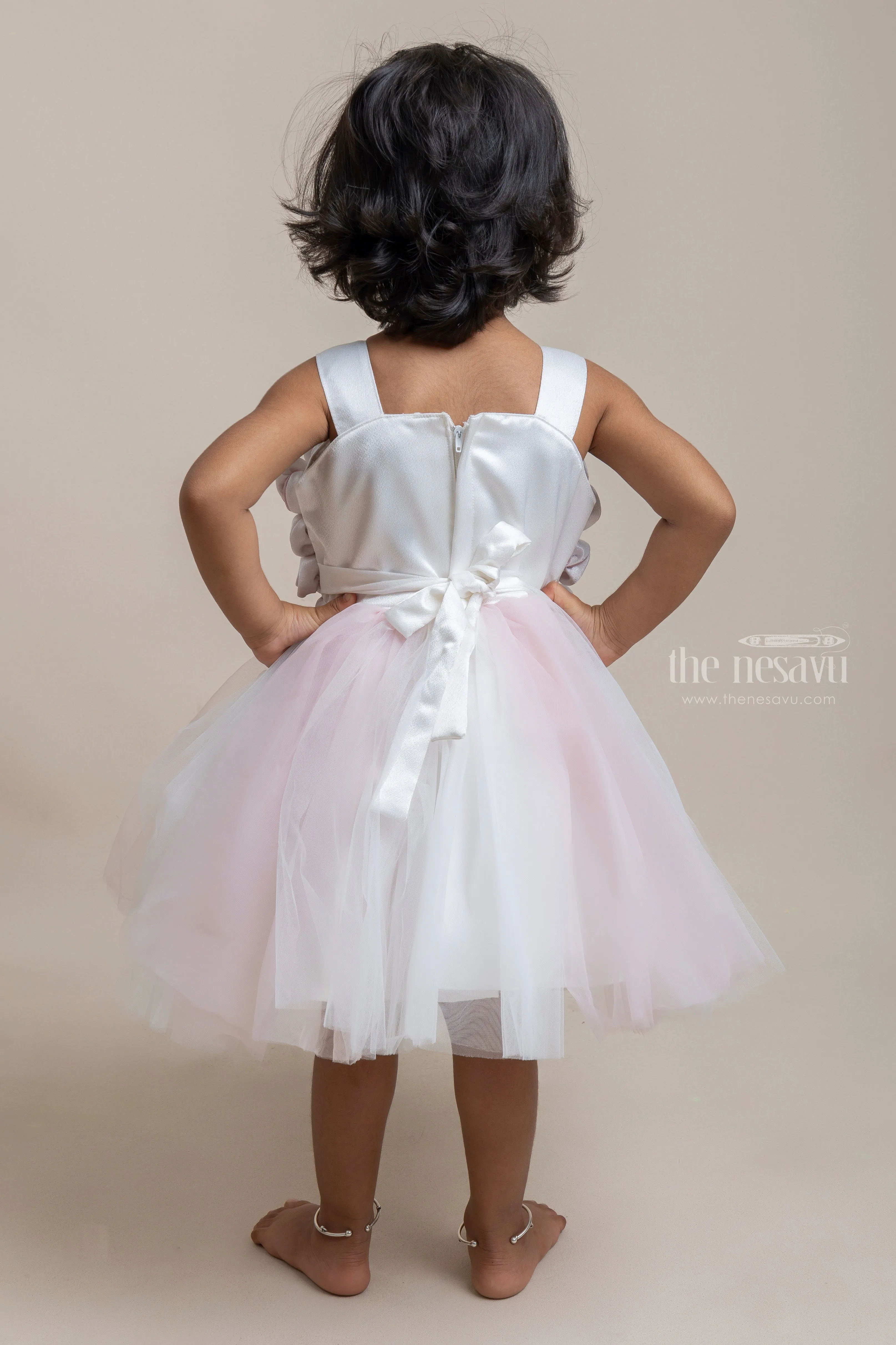 Charming Onion Pink and White Satin Flower Crafted Soft Tulle Frock for Girls