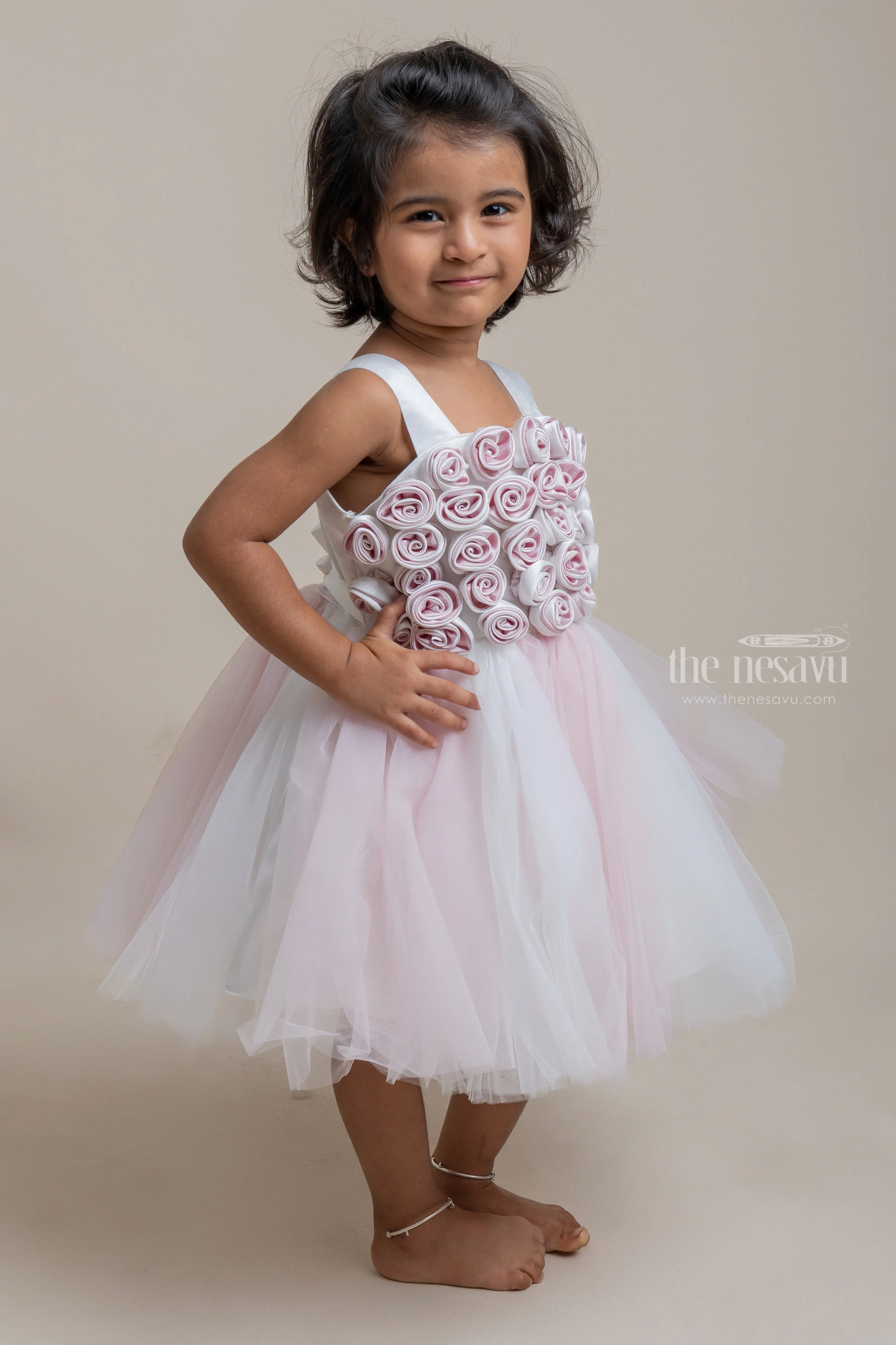 Charming Onion Pink and White Satin Flower Crafted Soft Tulle Frock for Girls