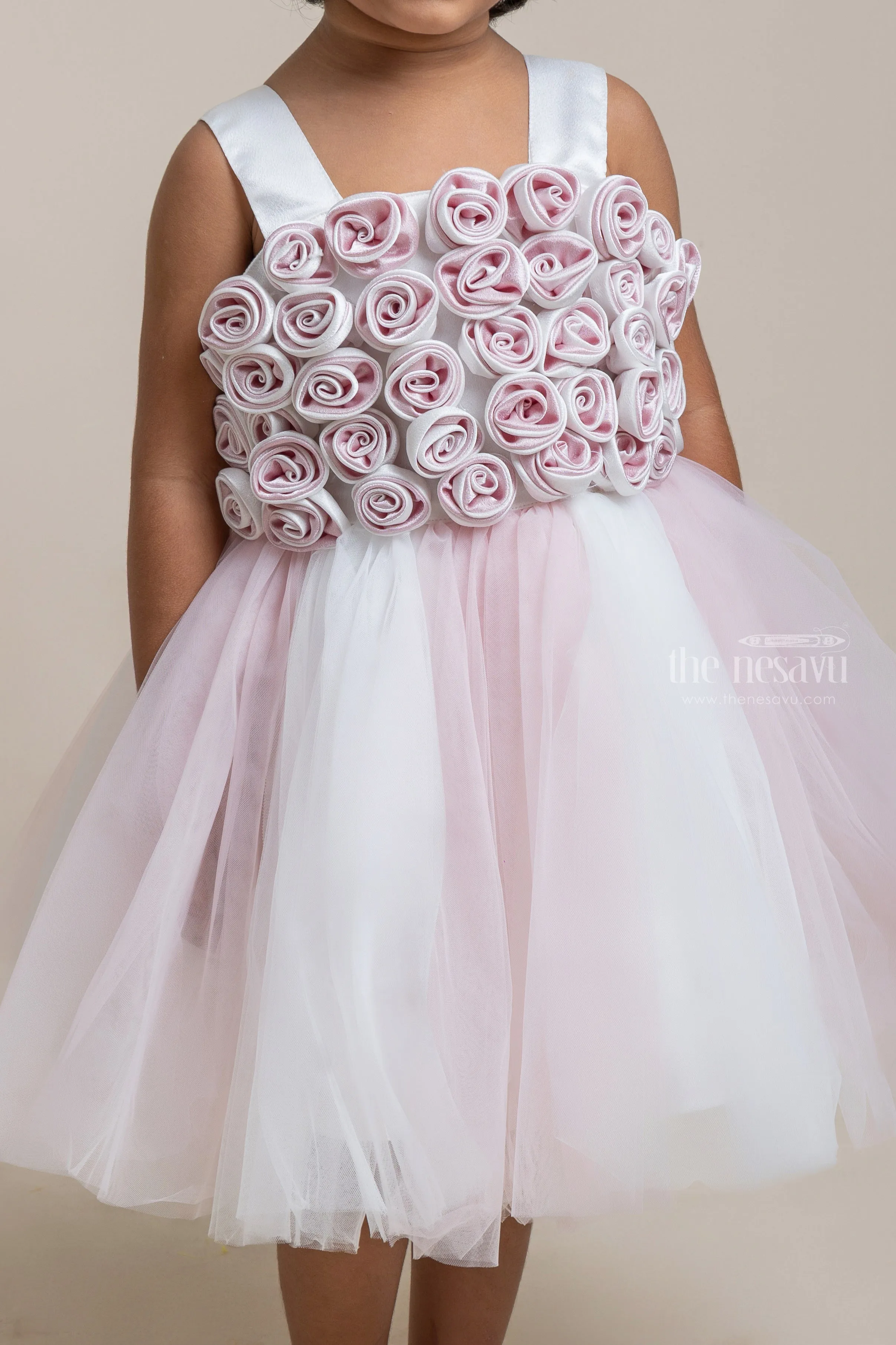 Charming Onion Pink and White Satin Flower Crafted Soft Tulle Frock for Girls