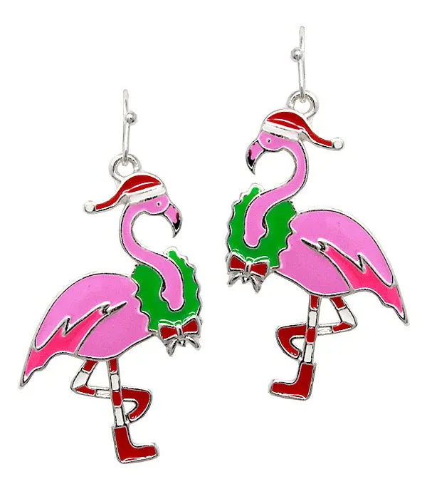 Christmas Flamingo Earrings - Wreath