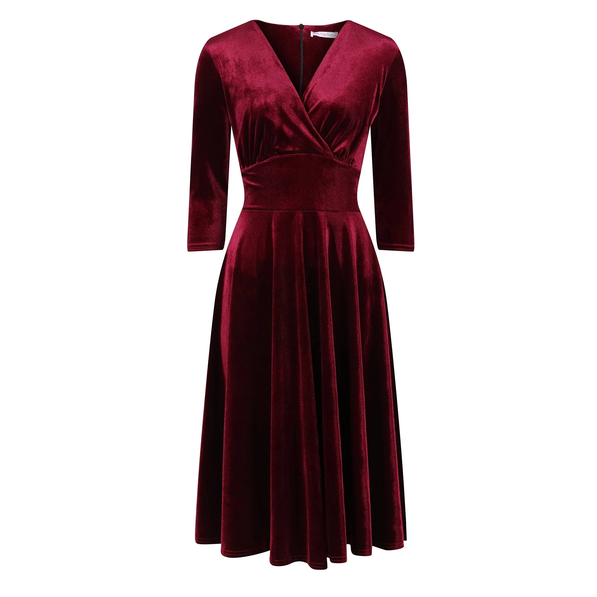 Claret Red Velour Deep V Wrapover 3/4 Sleeve Swing Dress