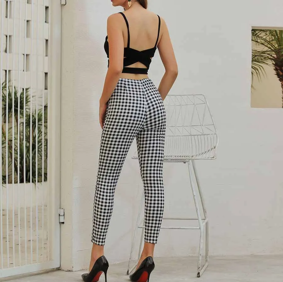 Classic Tummy Slimming Checked Trousers Stretch Skinny Pants