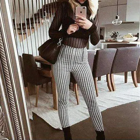 Classic Tummy Slimming Checked Trousers Stretch Skinny Pants