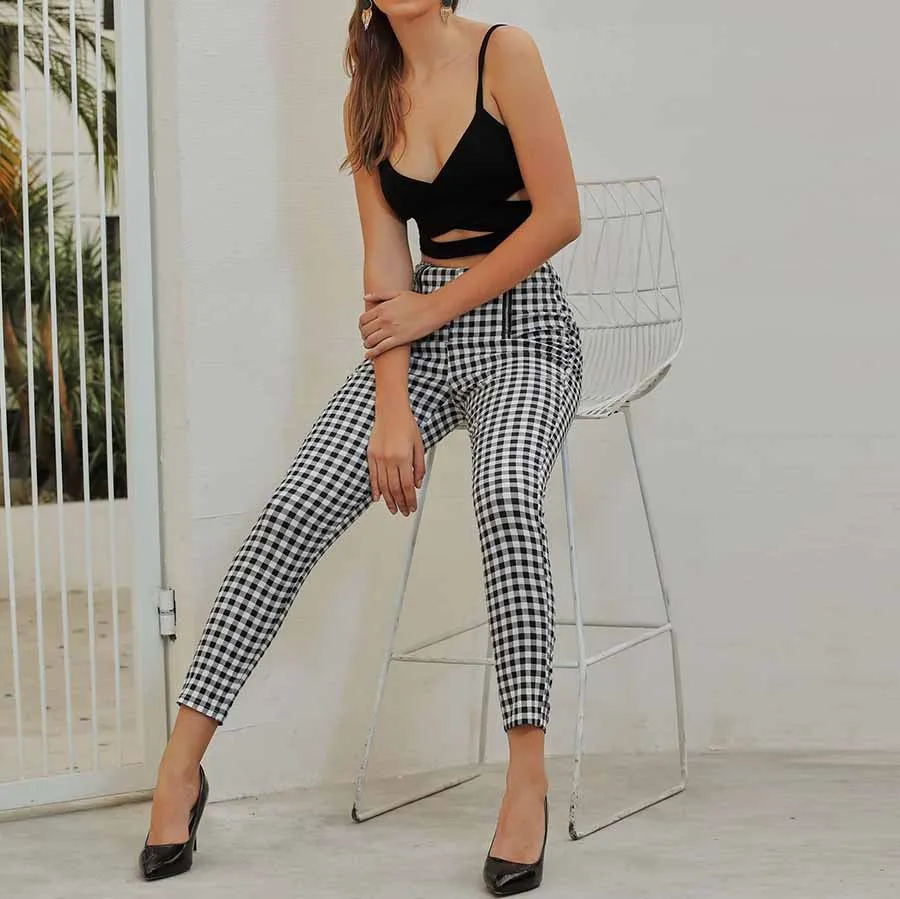 Classic Tummy Slimming Checked Trousers Stretch Skinny Pants