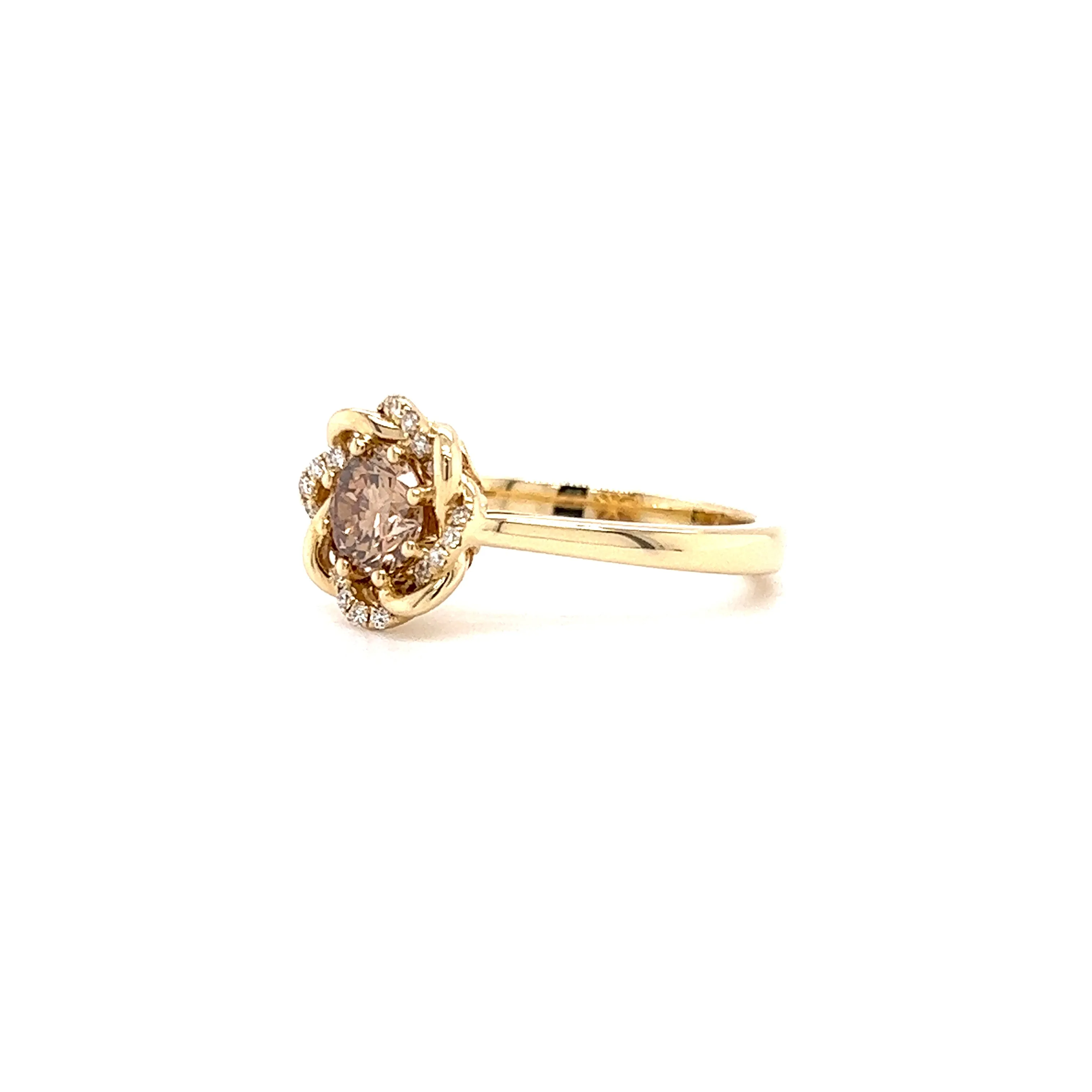 Cognac Brown Diamond Ring with Twisted Diamond Halo in 14K Yellow Gold