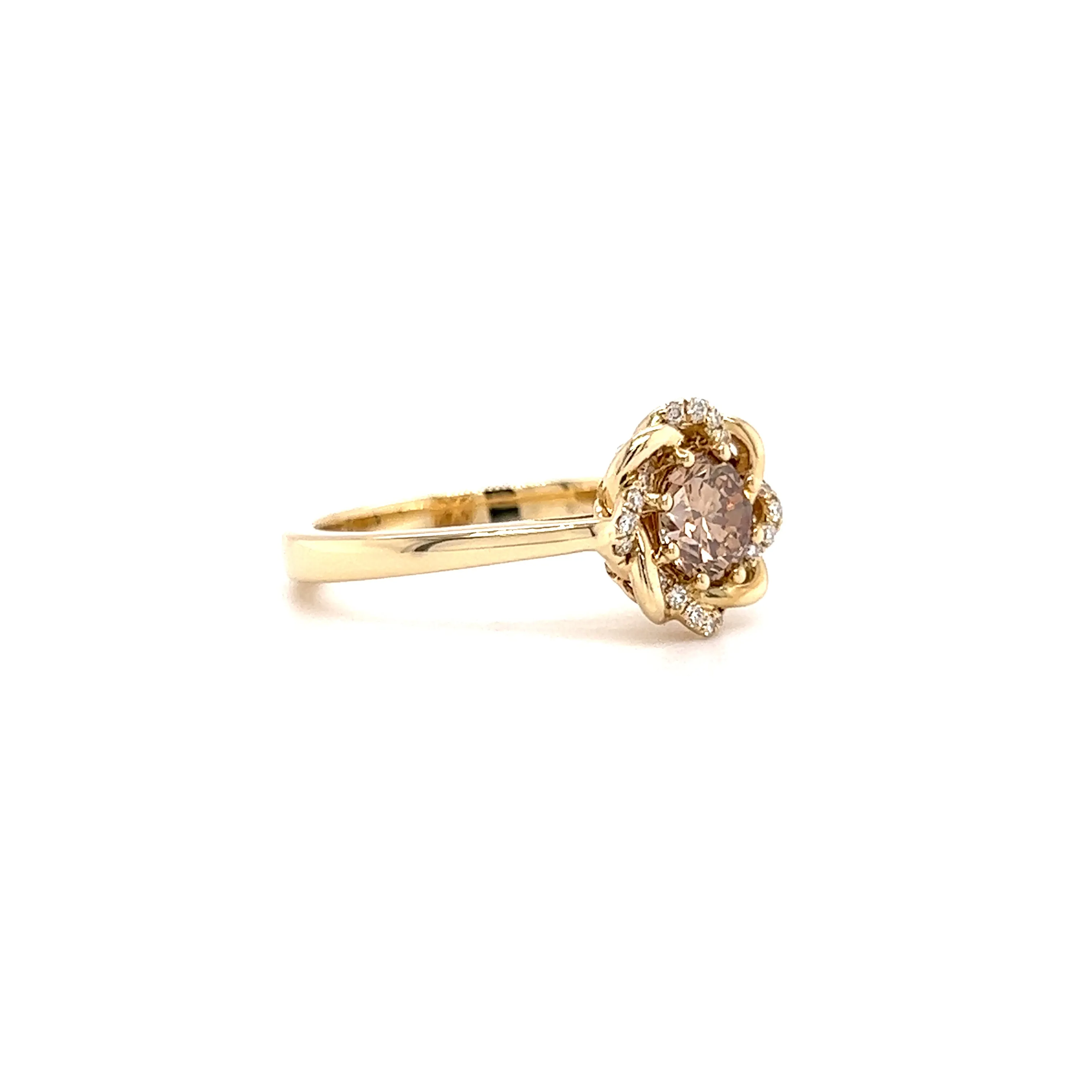 Cognac Brown Diamond Ring with Twisted Diamond Halo in 14K Yellow Gold