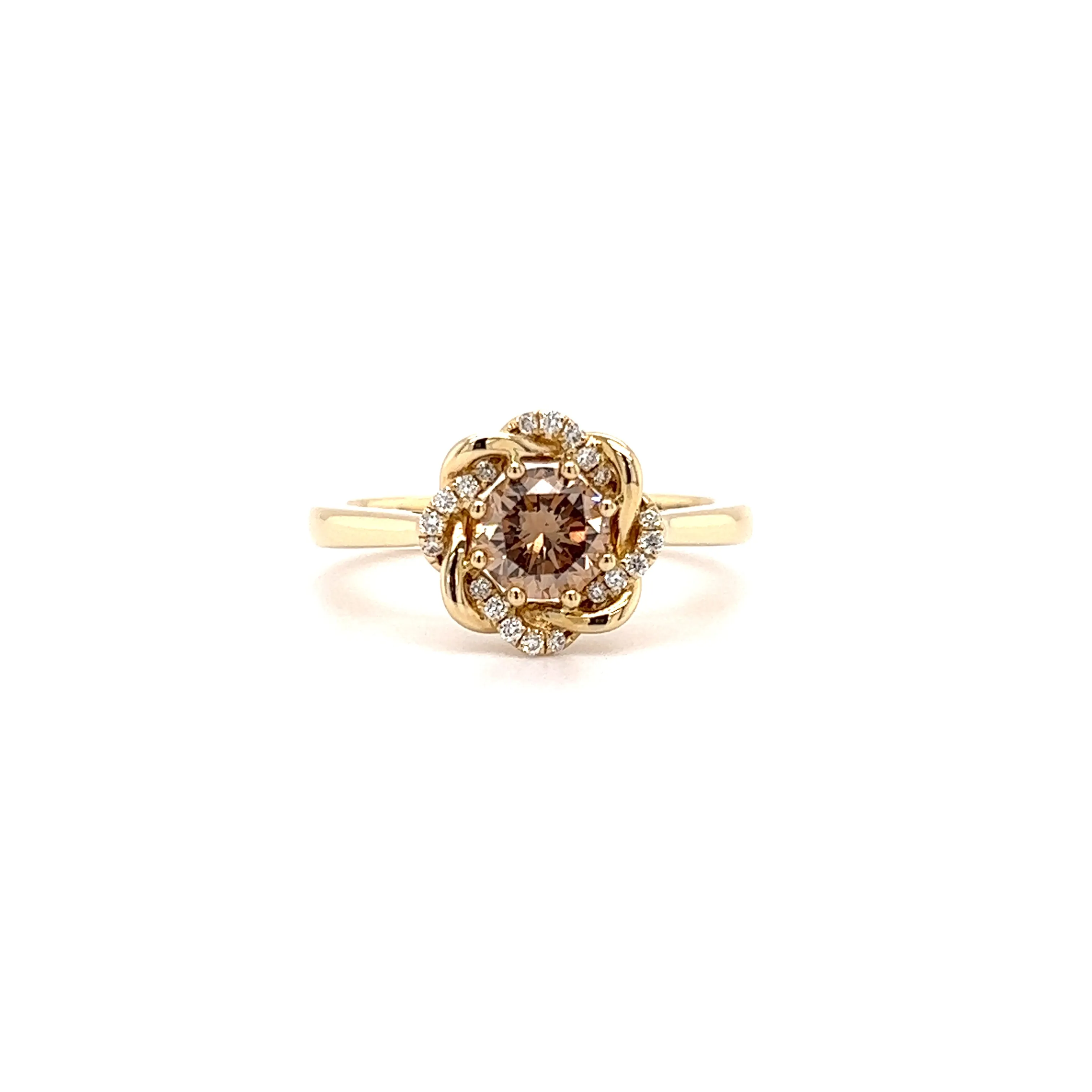 Cognac Brown Diamond Ring with Twisted Diamond Halo in 14K Yellow Gold