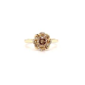 Cognac Brown Diamond Ring with Twisted Diamond Halo in 14K Yellow Gold