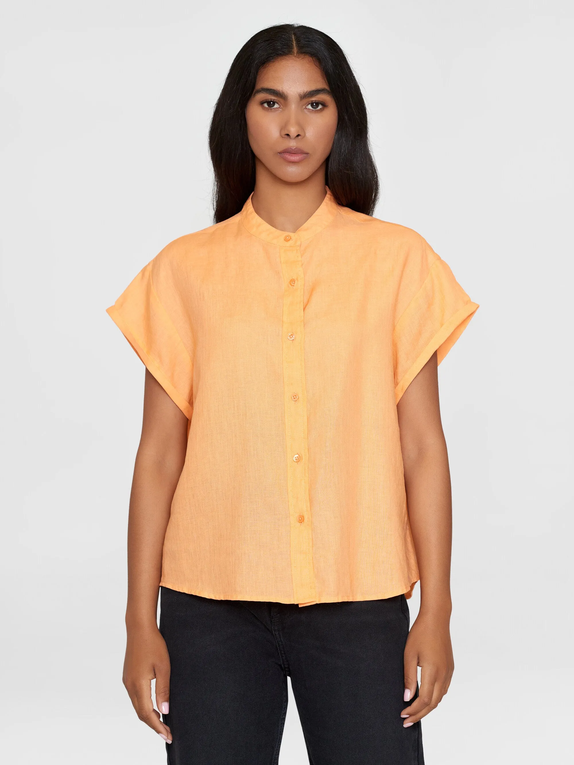 Collar stand short sleeve linen shirt - Cadmium Orange