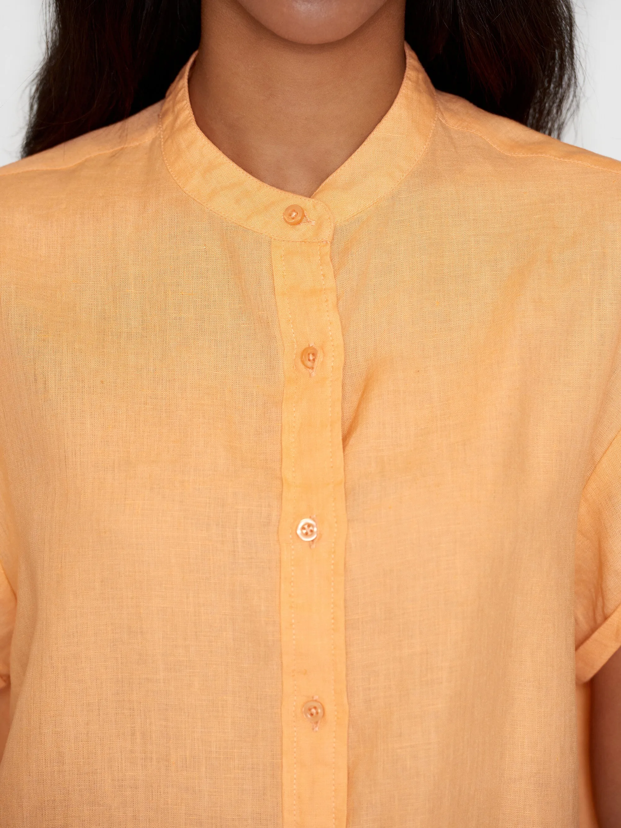 Collar stand short sleeve linen shirt - Cadmium Orange