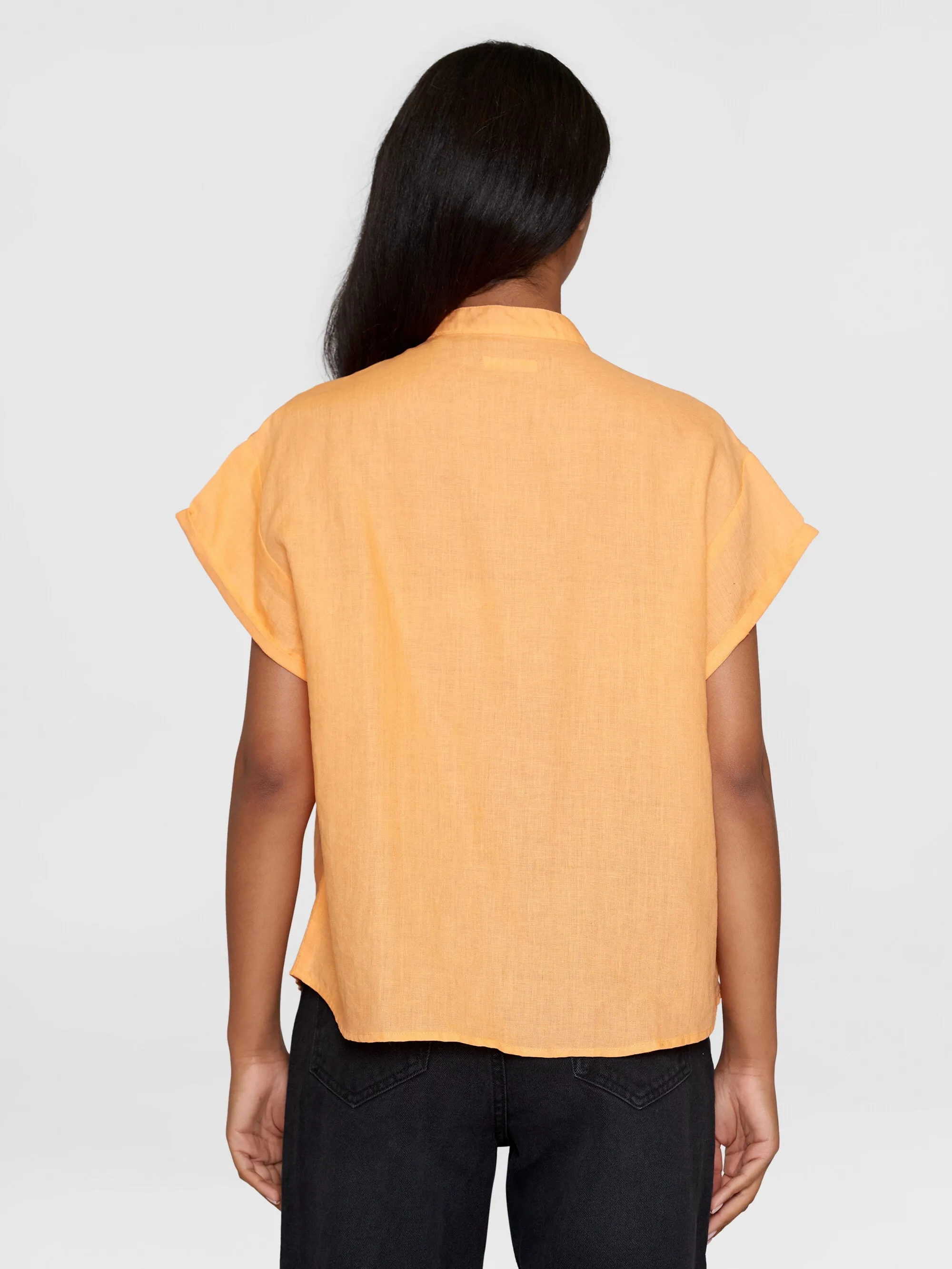 Collar stand short sleeve linen shirt - Cadmium Orange