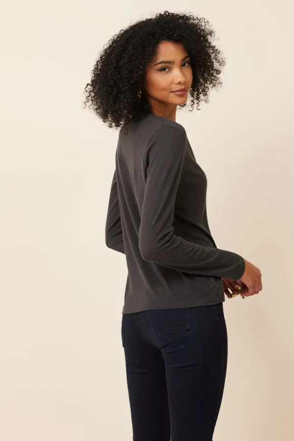 Cotton Cashmere Long Sleeve V-Neck Cardigan in Anthracite Chine