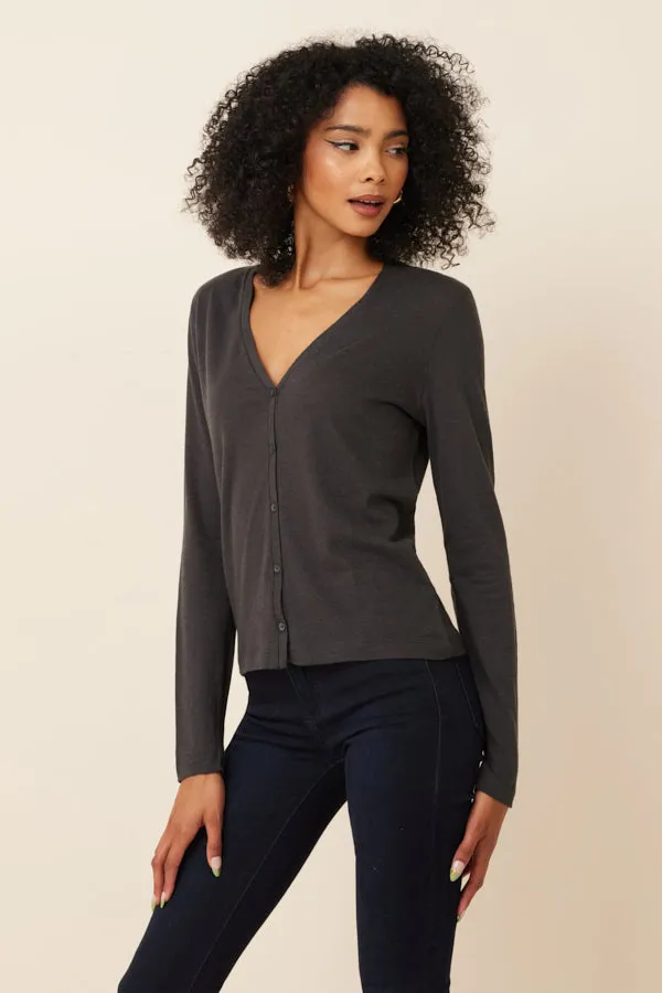 Cotton Cashmere Long Sleeve V-Neck Cardigan in Anthracite Chine