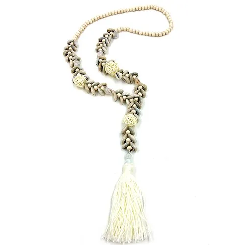 Cowrie Shell Long Necklace With Tassel Yellow Old Gold Or Beige Natural Handmade Bohemian Boho Beach Stone Jewelry Sea Shell Seashells Mala Beads