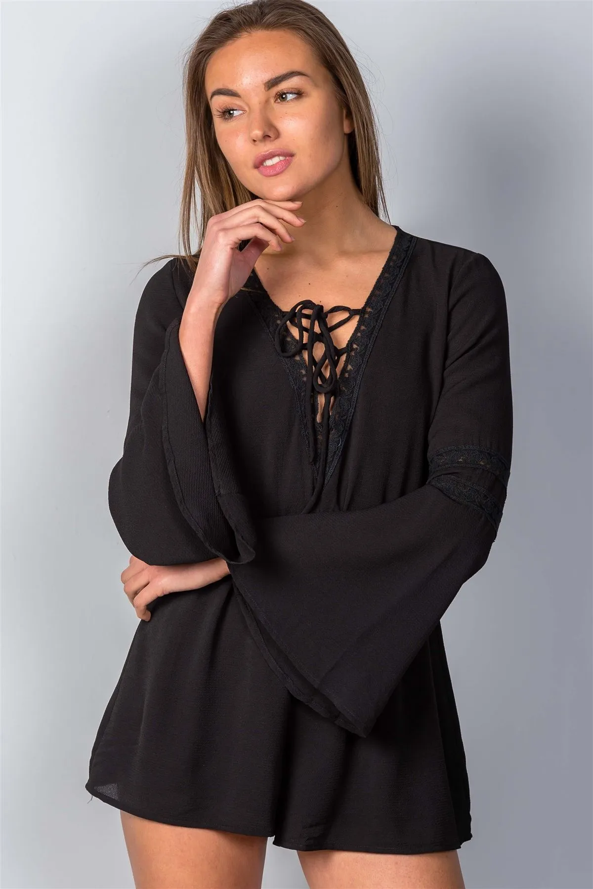 Crochet Bell Sleeve Lace-up Romper