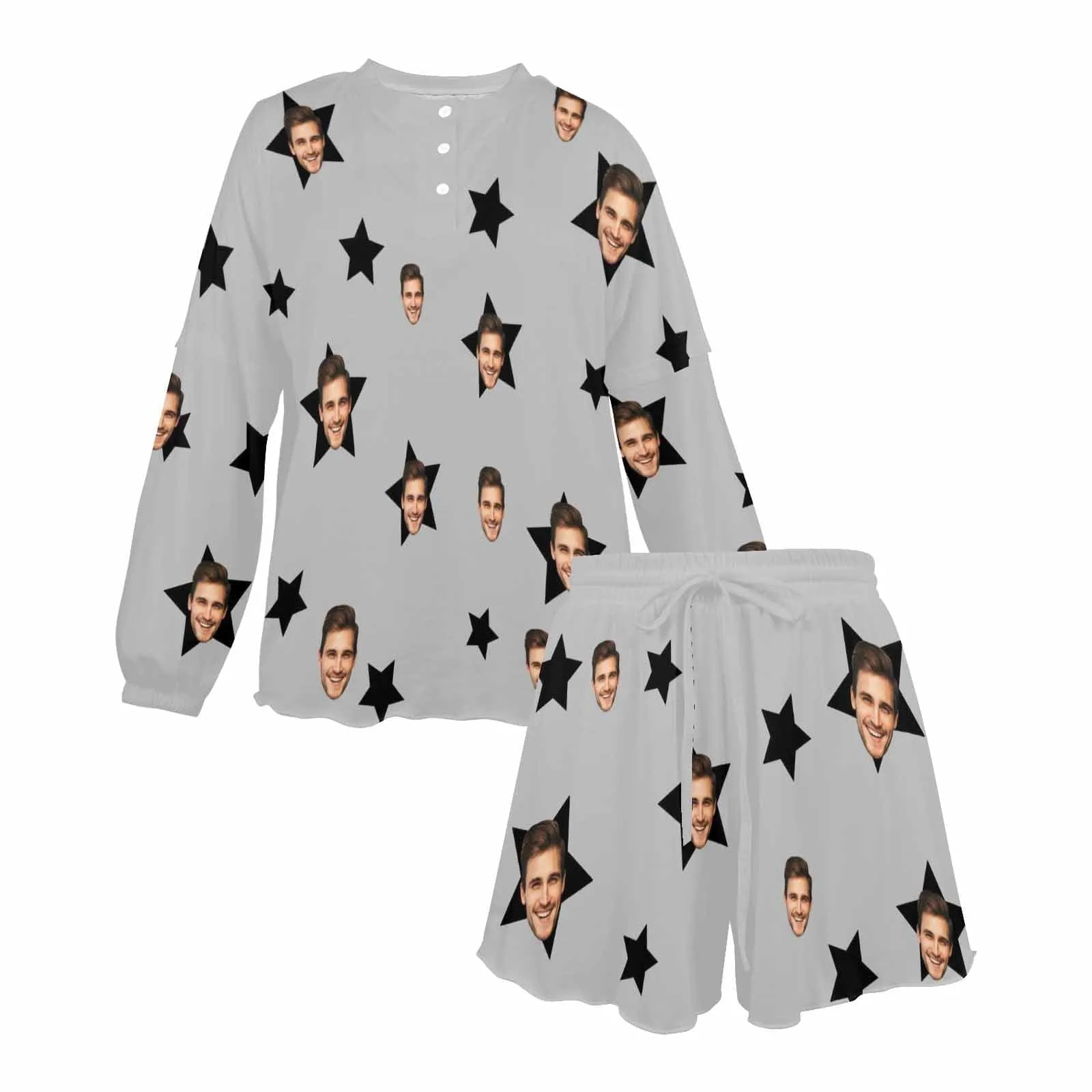 Custom Face Stars Grey Pajama Set Women's Long Sleeve Top and Shorts Loungewear Tracksuits