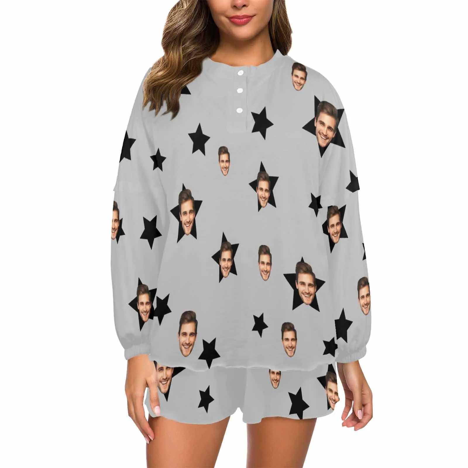 Custom Face Stars Grey Pajama Set Women's Long Sleeve Top and Shorts Loungewear Tracksuits