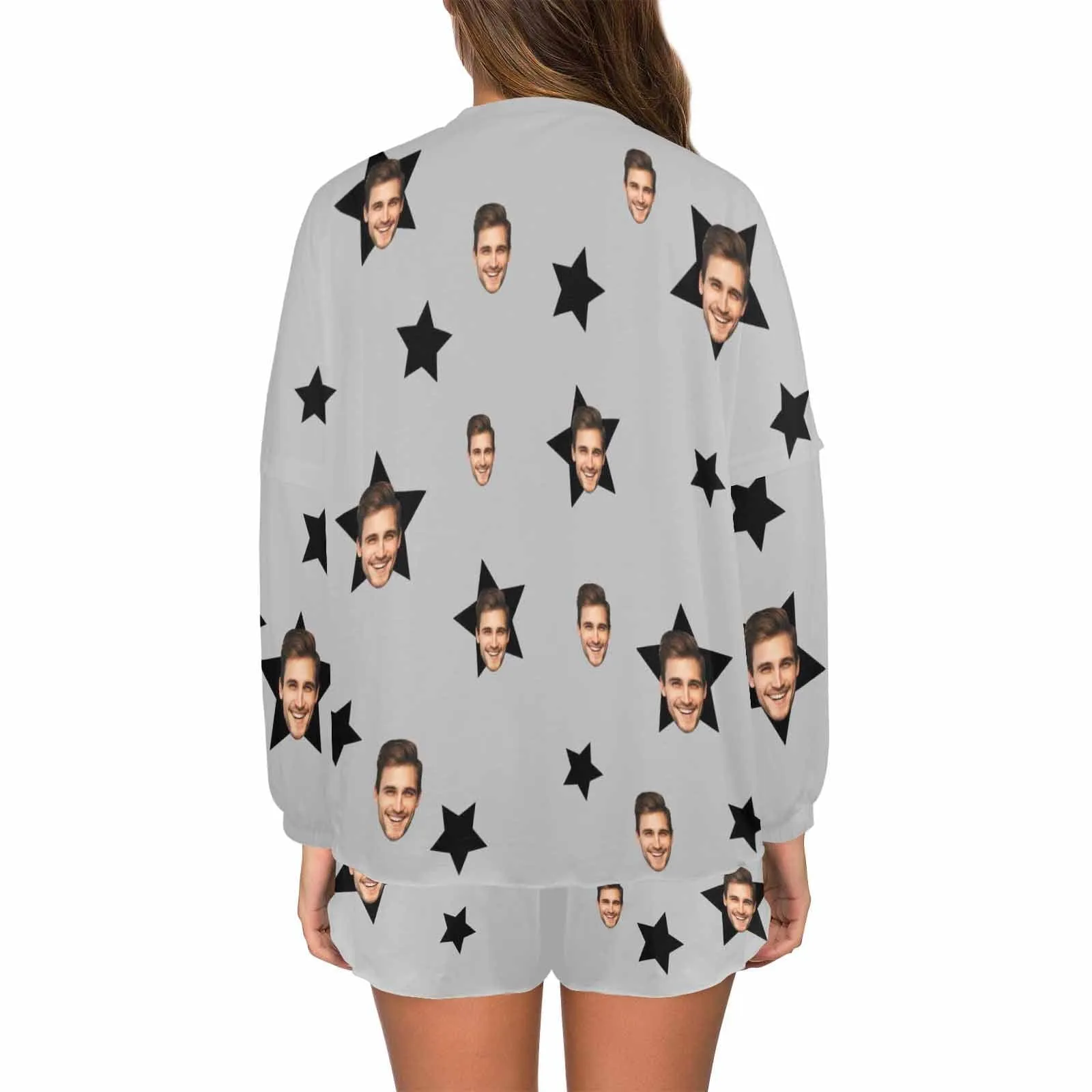 Custom Face Stars Grey Pajama Set Women's Long Sleeve Top and Shorts Loungewear Tracksuits