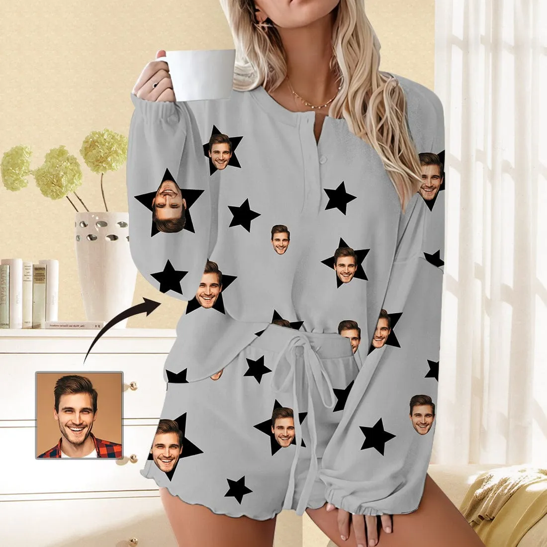 Custom Face Stars Grey Pajama Set Women's Long Sleeve Top and Shorts Loungewear Tracksuits