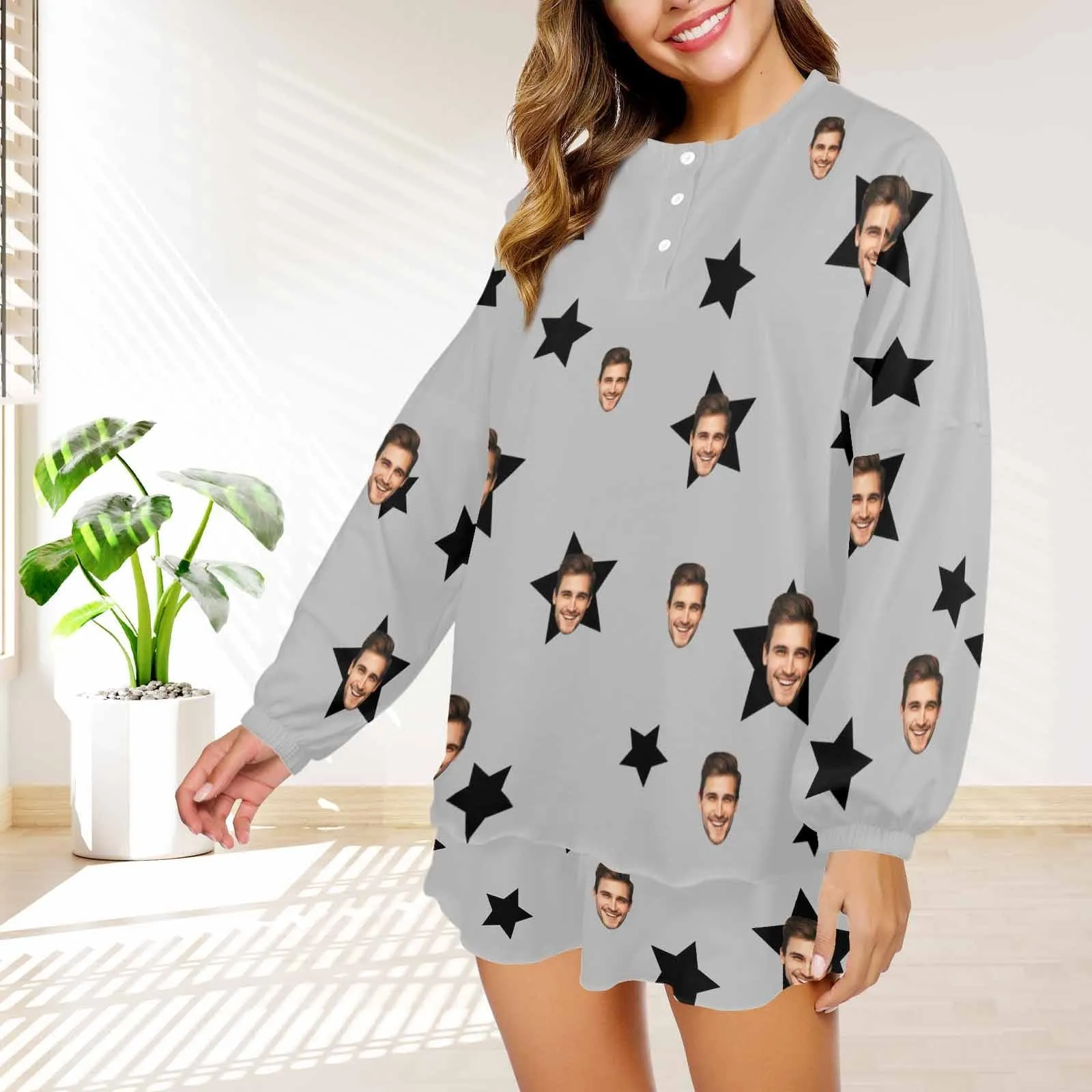 Custom Face Stars Grey Pajama Set Women's Long Sleeve Top and Shorts Loungewear Tracksuits