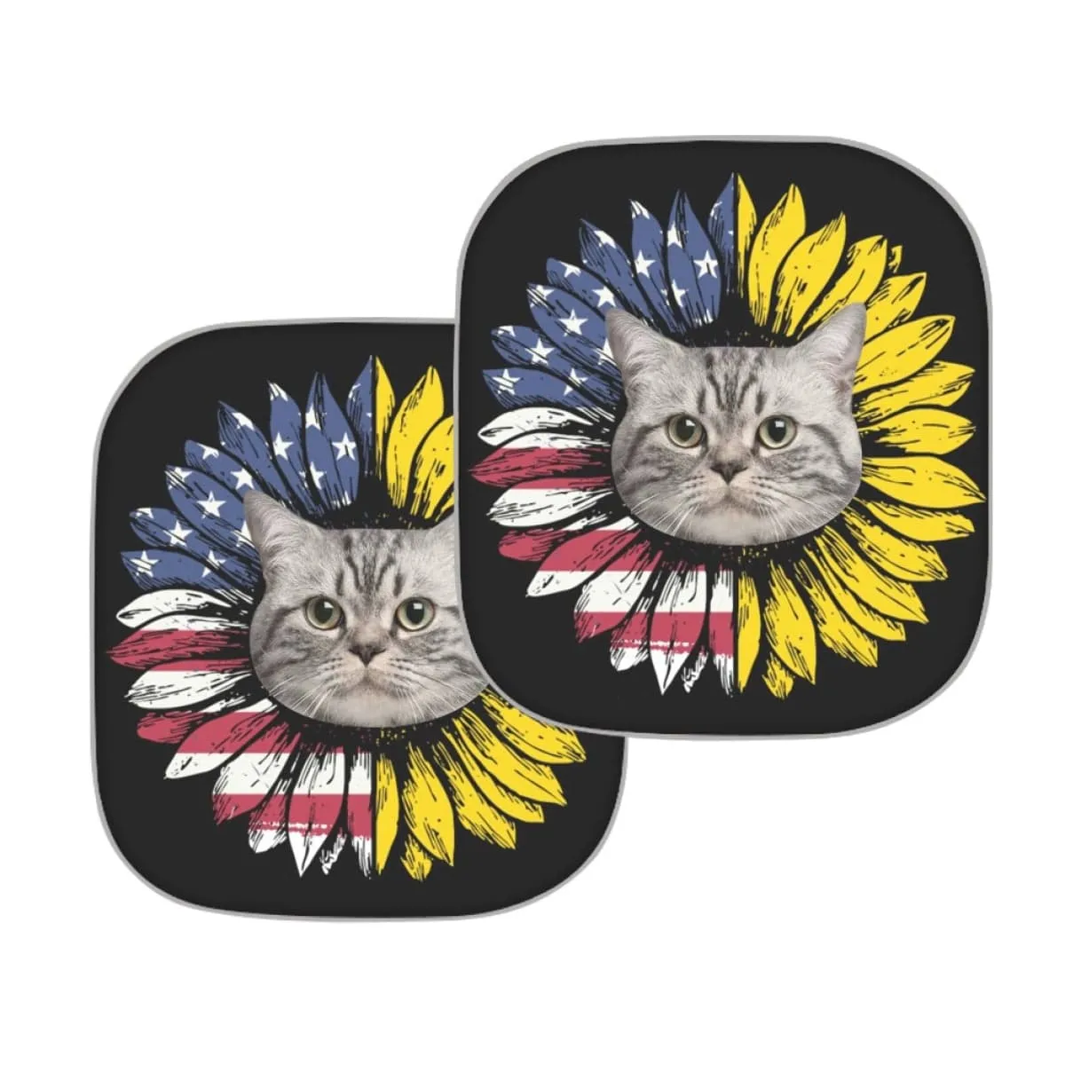 Custom Pet Face Flag Sunflower Car Windshield Sun Shade 2-Piece Personalized Car Front Sunshade