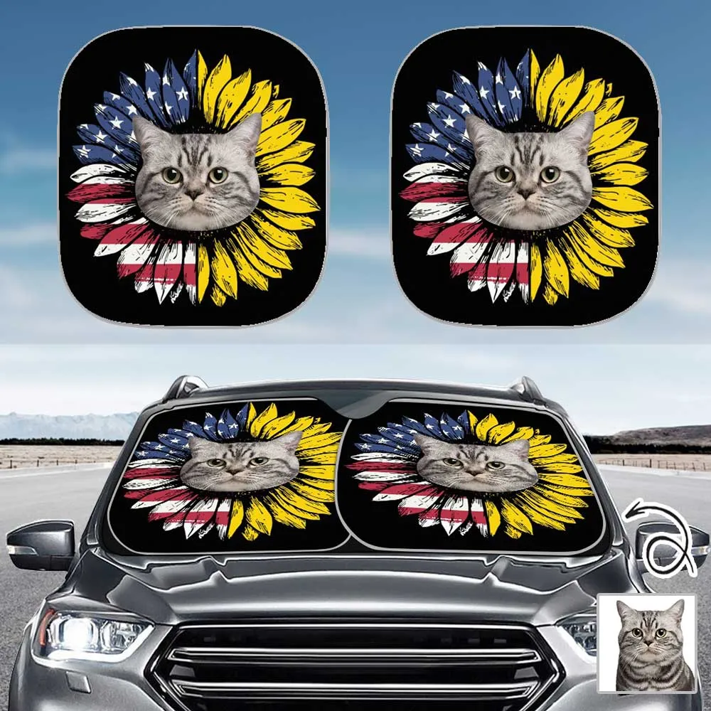 Custom Pet Face Flag Sunflower Car Windshield Sun Shade 2-Piece Personalized Car Front Sunshade