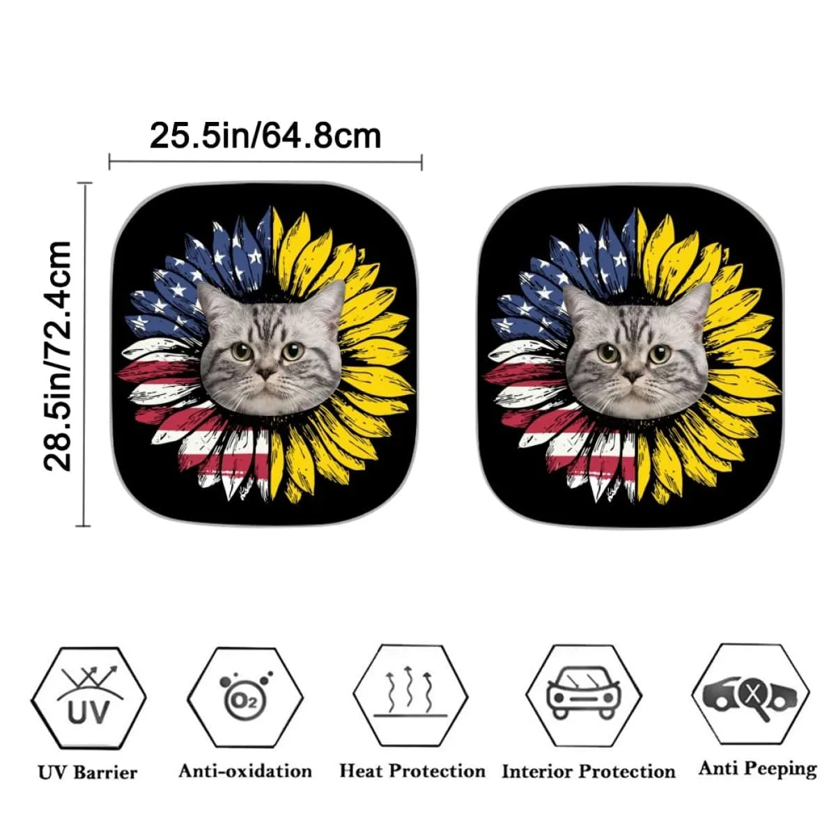 Custom Pet Face Flag Sunflower Car Windshield Sun Shade 2-Piece Personalized Car Front Sunshade