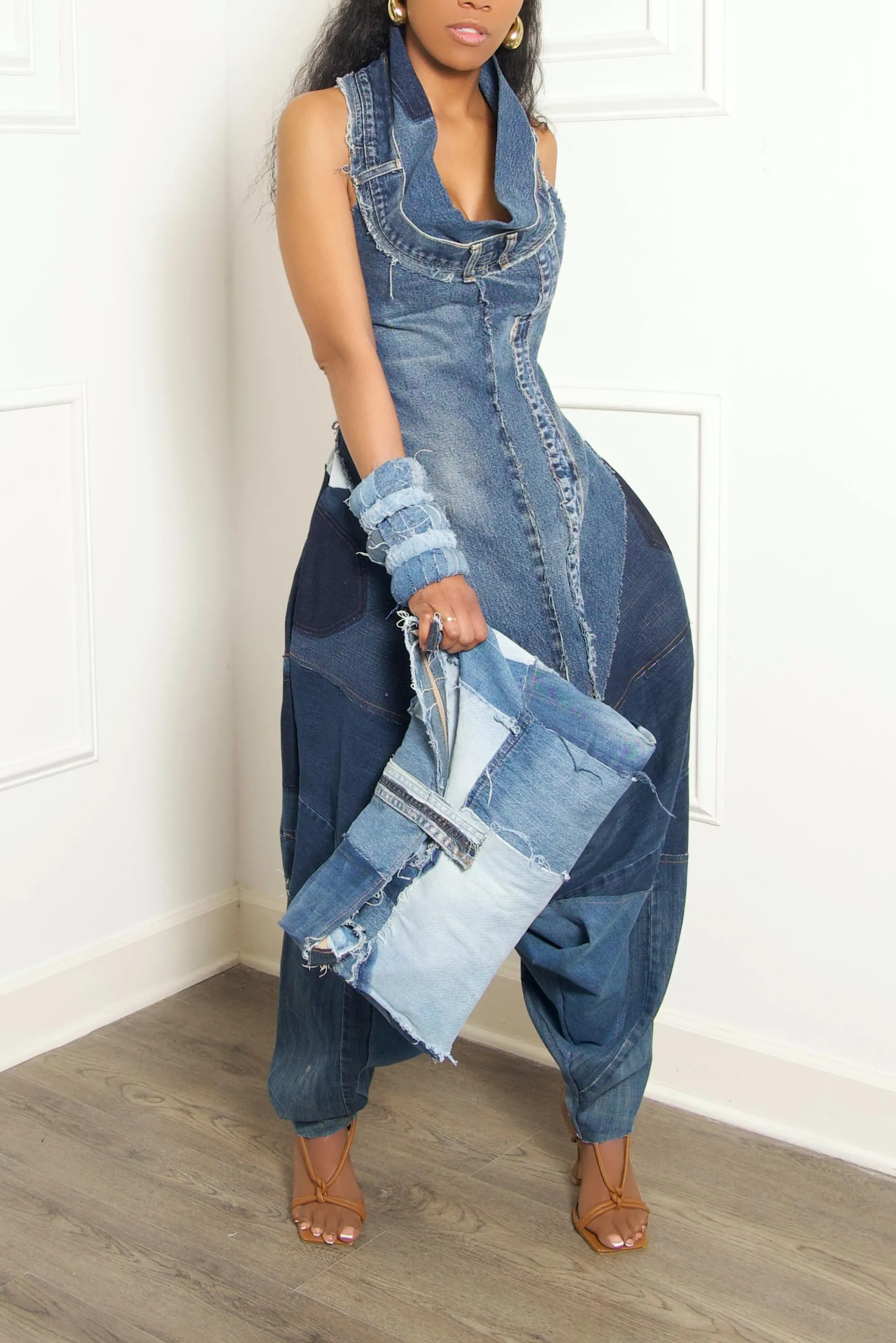 Denim patchwork oversized clutch