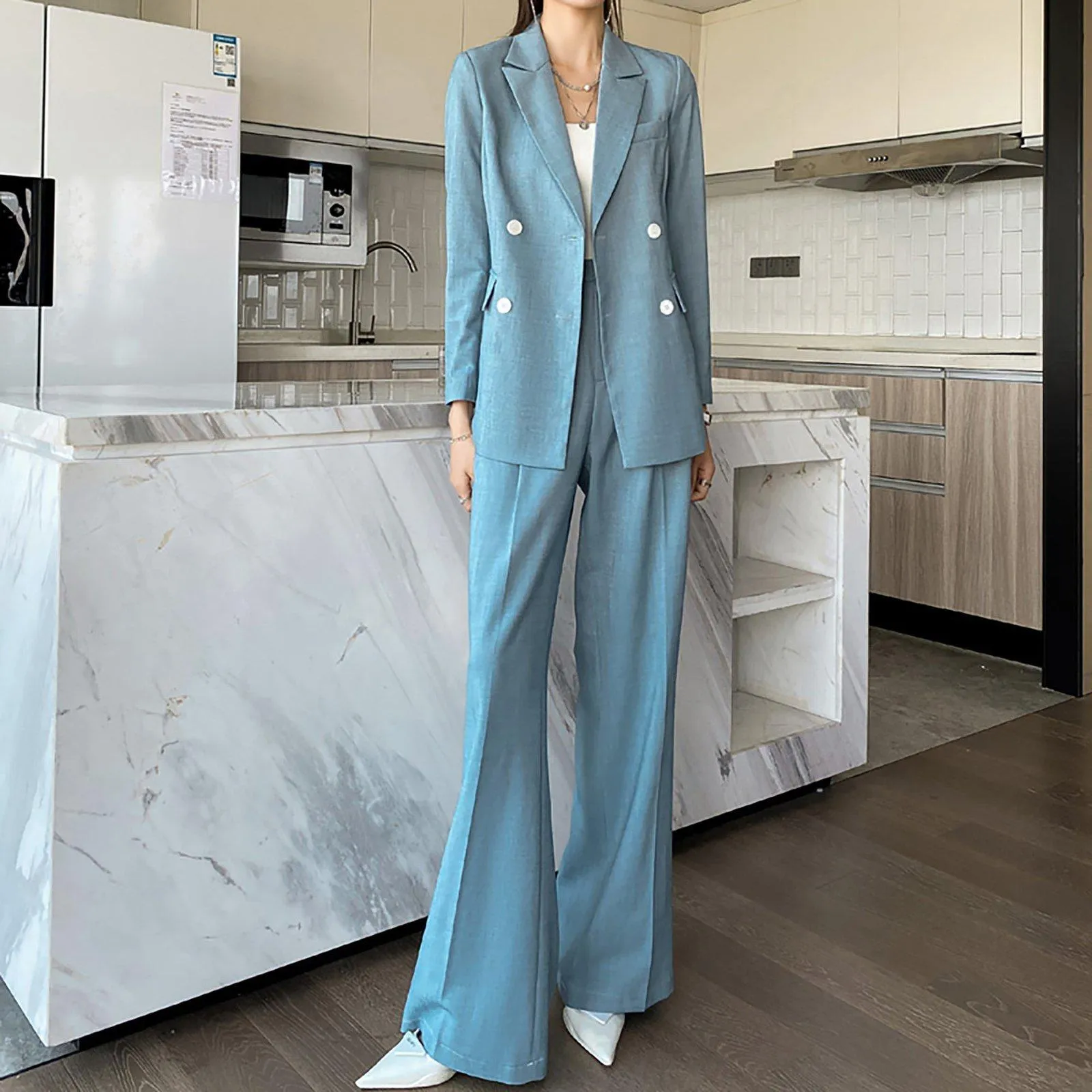 Double Breasted Blazer & Wide Leg Pants Set