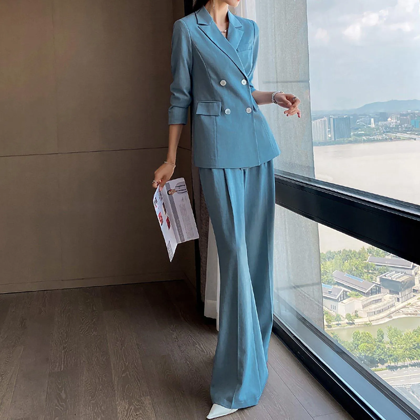 Double Breasted Blazer & Wide Leg Pants Set