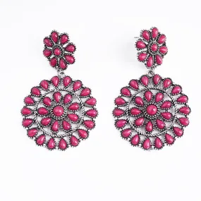 ER221015-04  Silver Base Hot Pink Stone Round Shape Dangling Earring