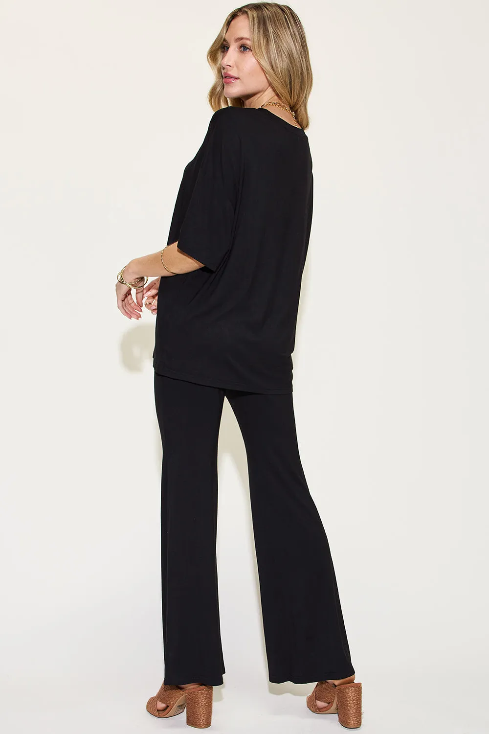 Explore More Collection - Basic Bae Full Size Bamboo Drop Shoulder T-Shirt and Flare Pants Set