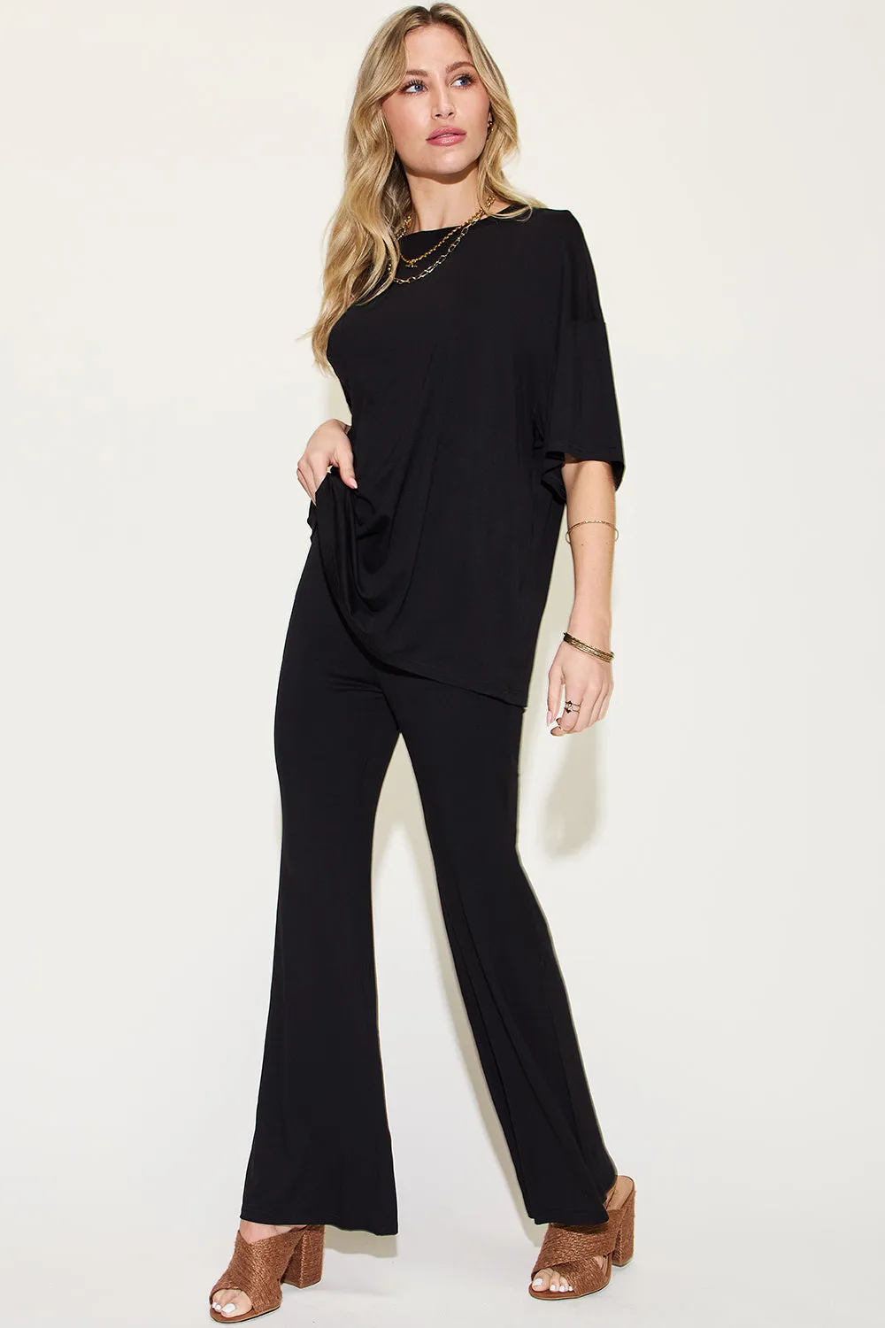 Explore More Collection - Basic Bae Full Size Bamboo Drop Shoulder T-Shirt and Flare Pants Set