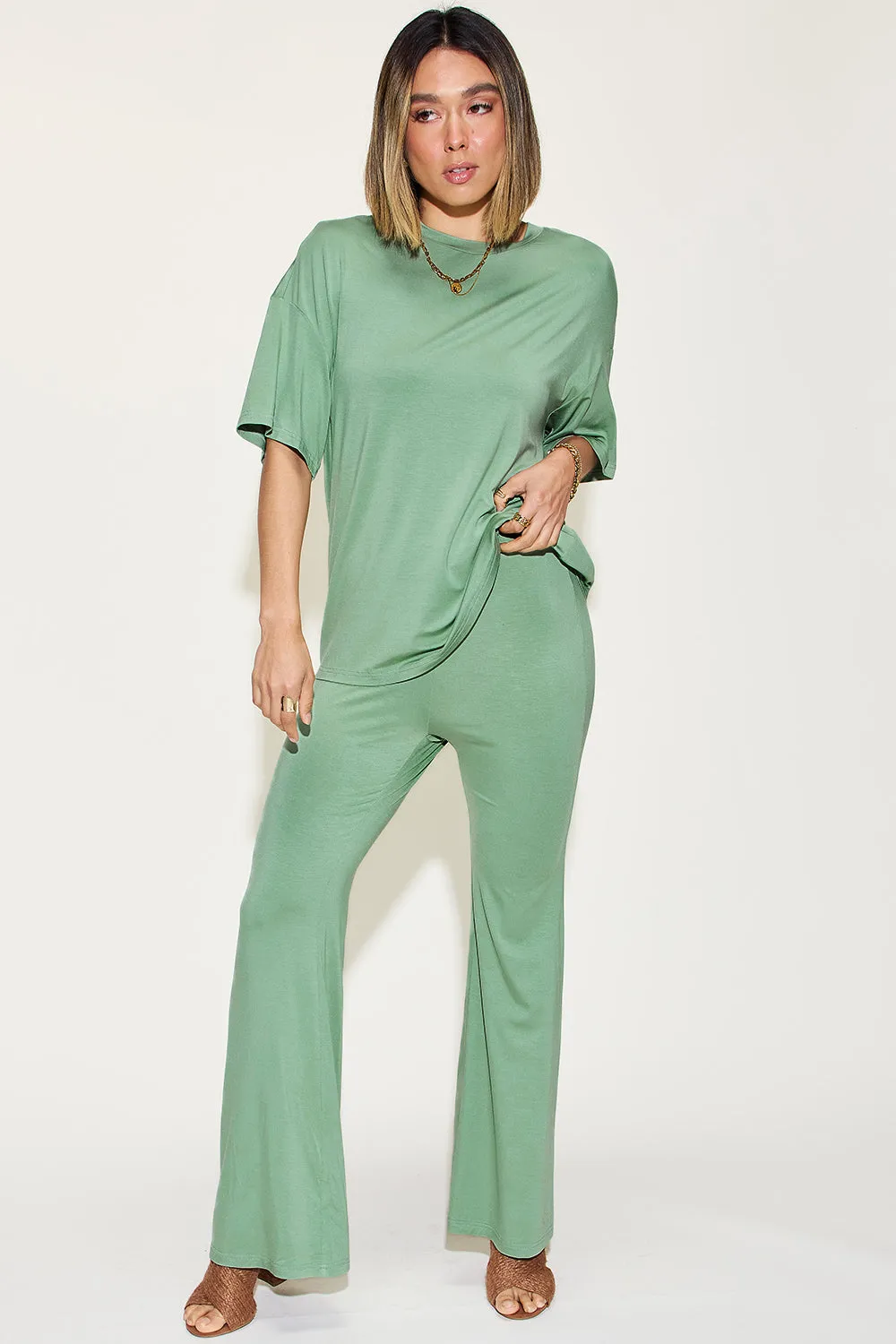 Explore More Collection - Basic Bae Full Size Bamboo Drop Shoulder T-Shirt and Flare Pants Set