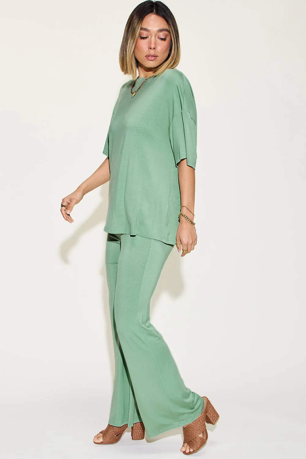 Explore More Collection - Basic Bae Full Size Bamboo Drop Shoulder T-Shirt and Flare Pants Set