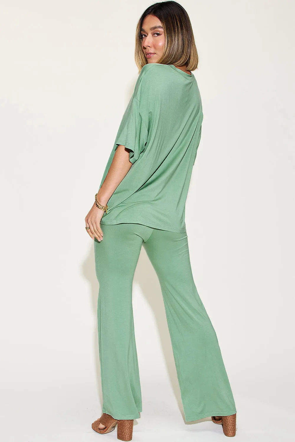 Explore More Collection - Basic Bae Full Size Bamboo Drop Shoulder T-Shirt and Flare Pants Set