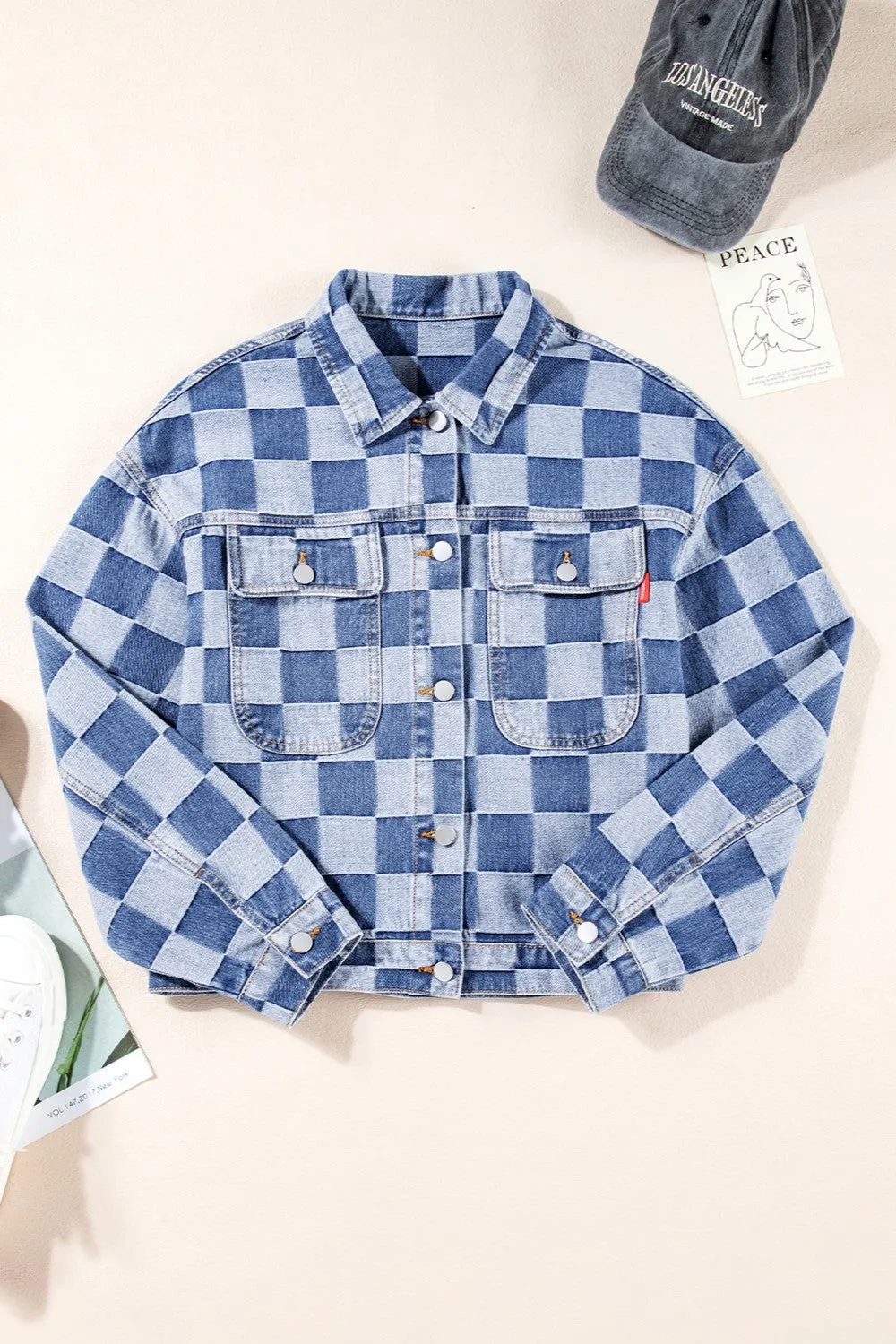 Explore More Collection - Checkered Button Up Long Sleeve Denim Jacket