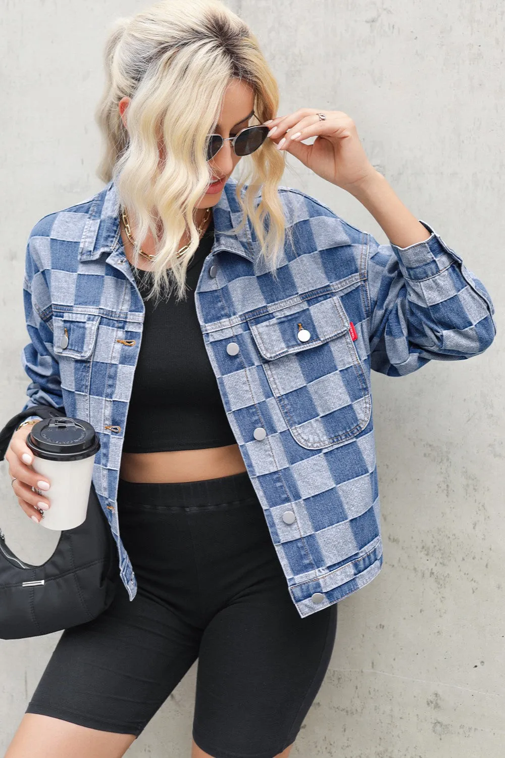 Explore More Collection - Checkered Button Up Long Sleeve Denim Jacket