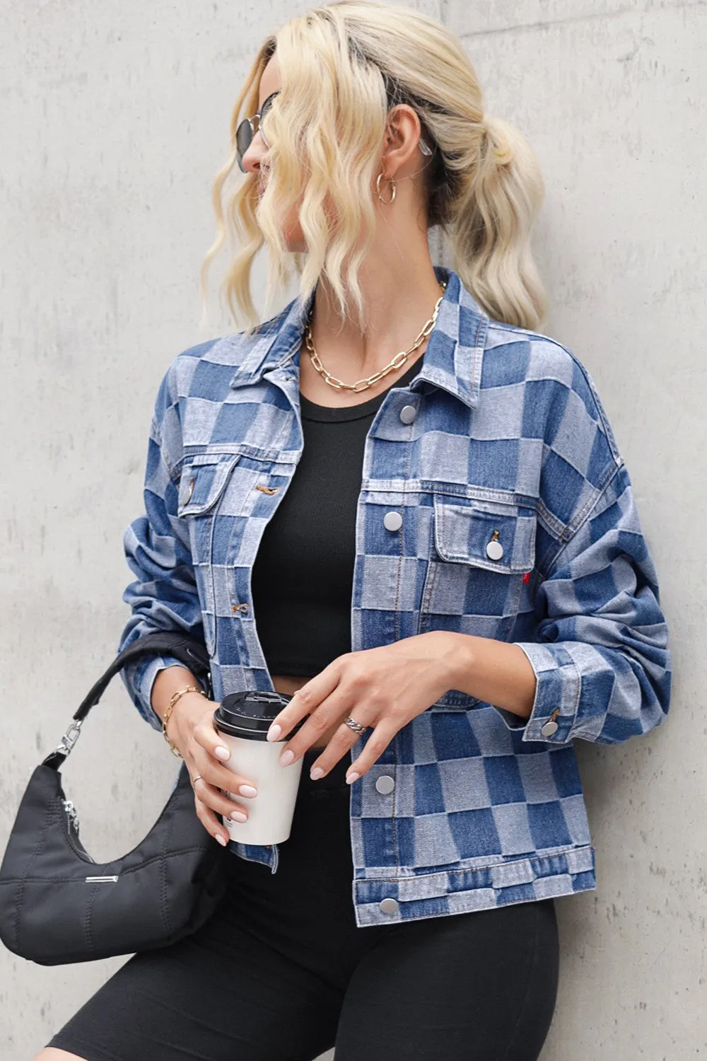 Explore More Collection - Checkered Button Up Long Sleeve Denim Jacket